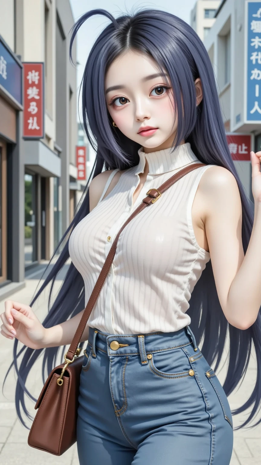 black skinny jeans , White Crop Tea , a cute girl , twin tail , smile , ????????????