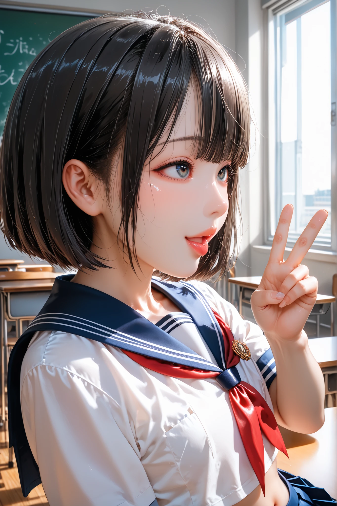  masterpiece, Highest Quality,  Super Detailed,CINEMA LIGHT,  8K Resolution（for ers） ,  , face details,((she  )),, Perfect Style ,  cute face , face details,  beautiful eyes,  double eyelids,,  shiny skin ,  (((white skin))), ( Shiny Lips),,20 year old woman, ( face details), (( flat )),  , , cinematic lighting ,  Perfect Style , , 、 、 、   、(((short hair, dark haired)), , ((Junior High School Uniform))、belly button out、Belly exposed、thighs、) 、((school classroom)) 、laughing、thin waist、(thin waist)、thin legs、細いthighs、laughing smile 、peace sign、(((kiss, Kissing a young middle school boy)))
