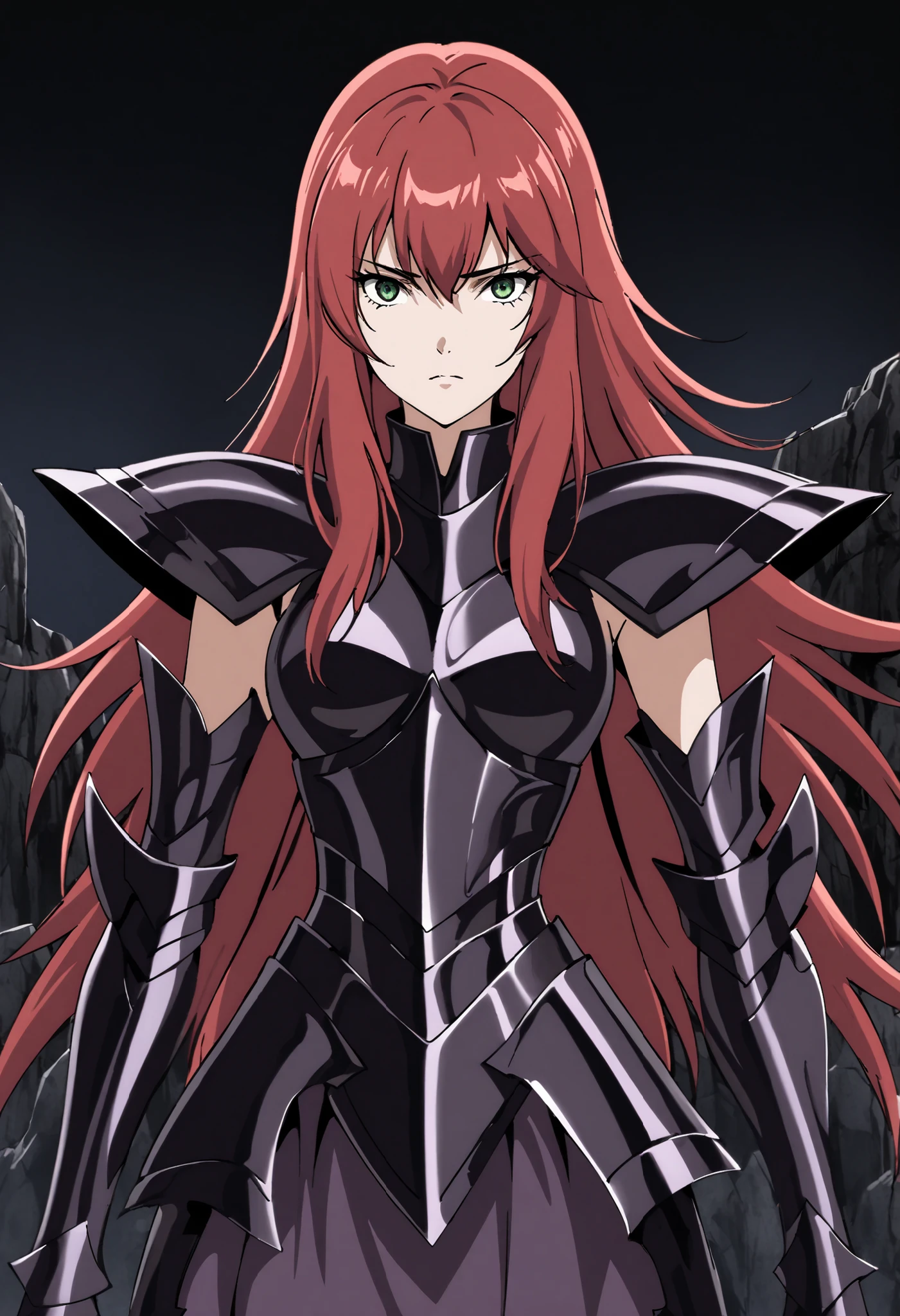 (high-quality, breathtaking),(expressive eyes, perfect face) Symmetrical Eyes, 1girl, female, solo, adult, looking at viewer, black background, narrow eyes, soft eerie blue lighting background, rock terrain background, Dark Purple Armor, trim, full plate armor, half body shot, solo, black armor, Specter, Dark Knights, plupre armor, red hair, bangs, green eyes, feminine