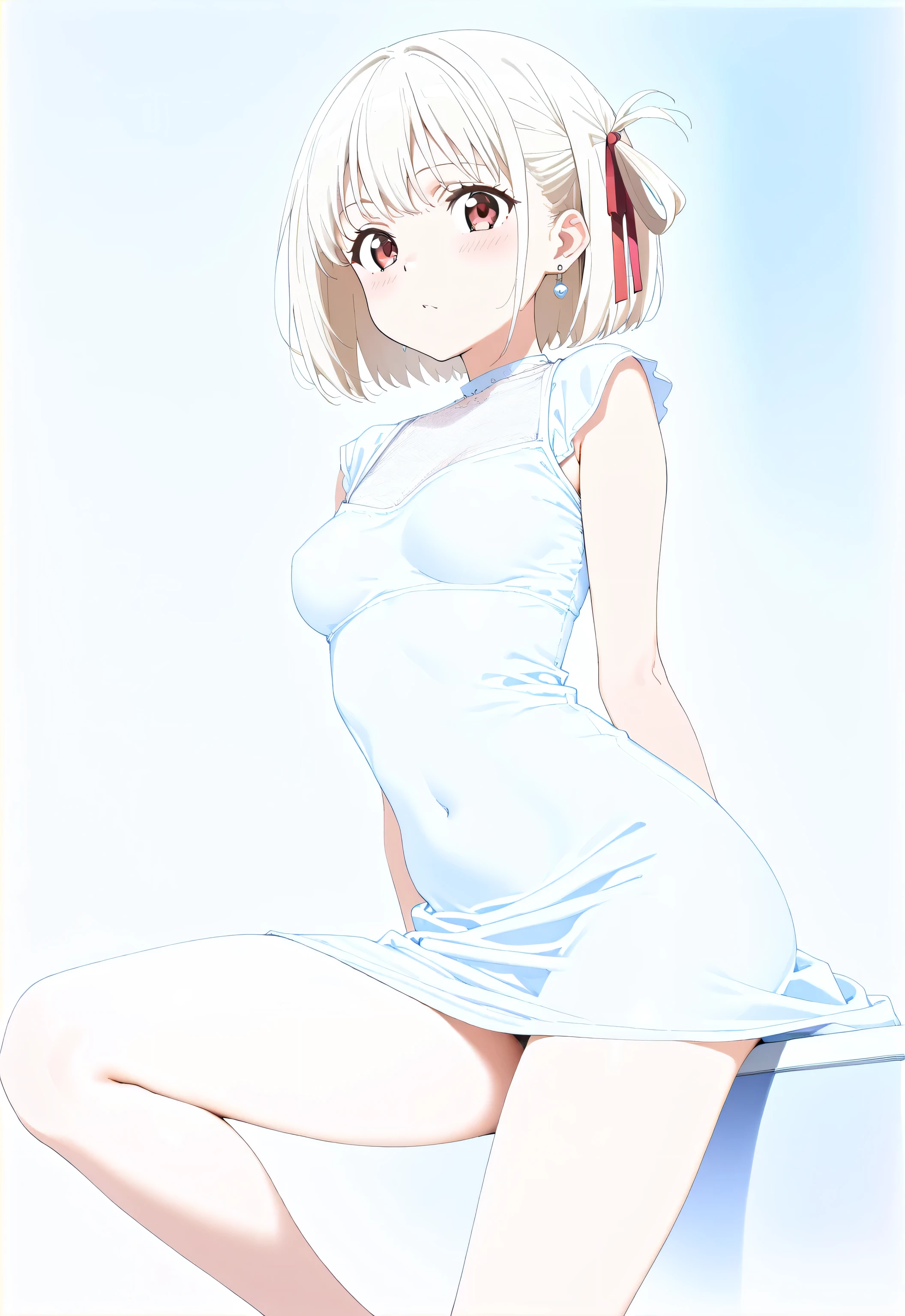 (Best Quality:1.5),(8k:1.5),(Pornographic images),Anime,cute,slut,1woman,chisato nishikigi, short hair,bangs,blonde hair,red eyes,hair ribbon, one side up,bob cut,Earrings,D-cup boobs,sexy,Beautiful legs, beautiful thighs,maxi dress