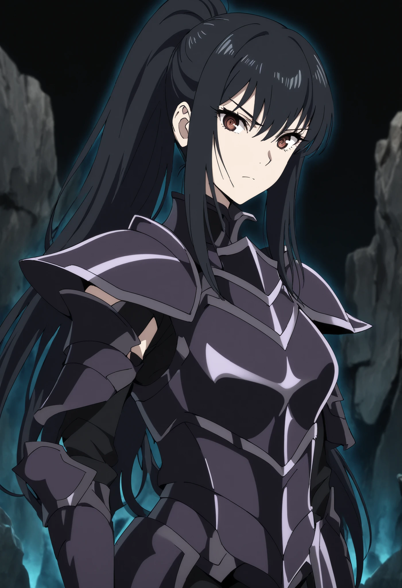 (high-quality, breathtaking),(expressive eyes, perfect face) Symmetrical Eyes, 1girl, female, solo, adult, looking at viewer, black background, narrow eyes, soft eerie blue lighting background, rock terrain background, Dark Purple Armor, trim, full plate armor, half body shot, solo, black armor, Specter, Dark Knights, plupre armor, black hair, bangs, brown eyes, feminine, ponytail
