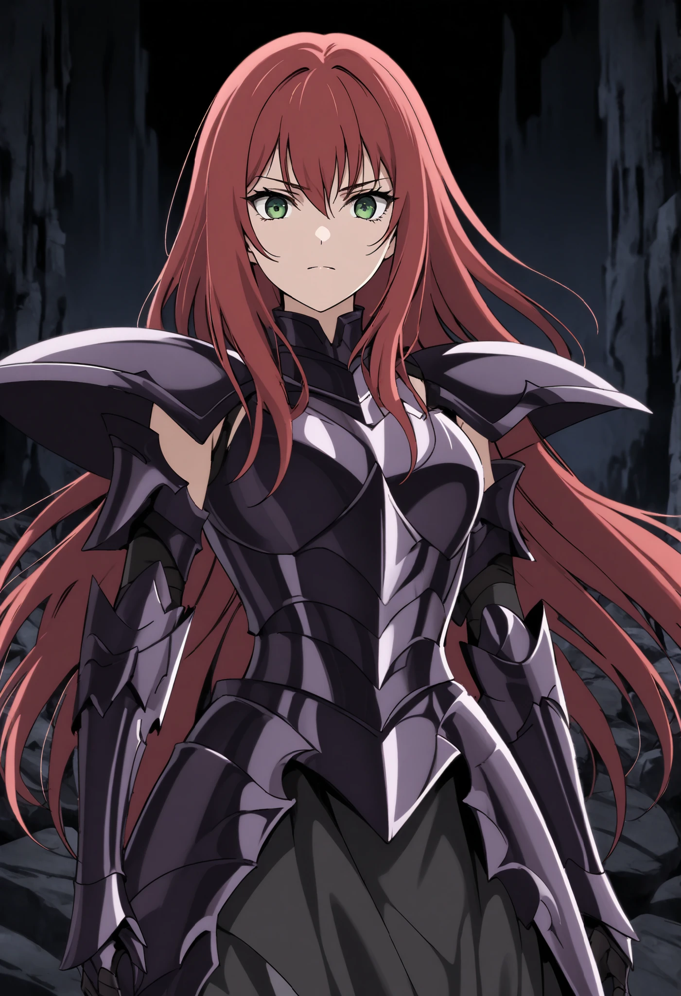 (high-quality, breathtaking),(expressive eyes, perfect face) Symmetrical Eyes, 1girl, female, solo, adult, looking at viewer, black background, narrow eyes, soft eerie blue lighting background, rock terrain background, Dark Purple Armor, trim, full plate armor, half body shot, solo, black armor, Specter, Dark Knights, plupre armor, red hair, bangs, green eyes, feminine