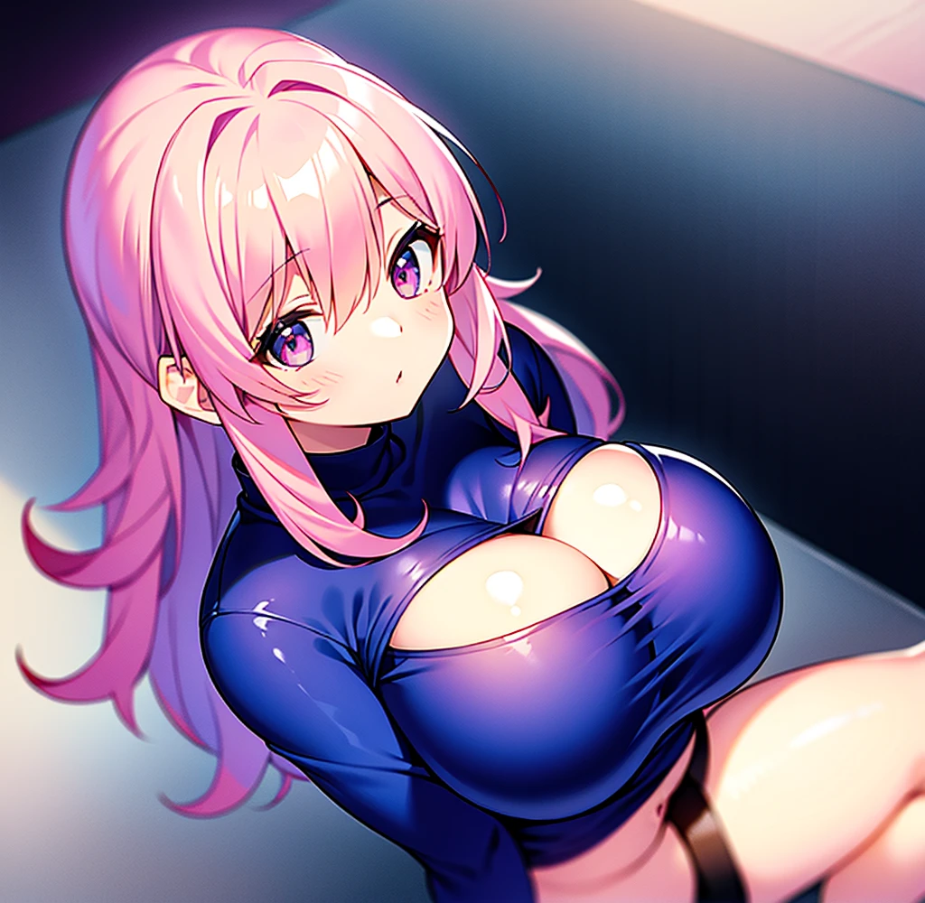 A woman wearing a yellow long-sleeved jacket, See-through Shiny blue jacket, Glossy leather jacket, red Hair, Ahoge, Long Hair, blue eyes, Big Breasts, Shiny pink leather pants, smile, Japanese Garden、Lighting..超High resolution , Main Work , Accurate , Anatomically correct , Textured skin , Super Detail , high quality , 最high quality, 8K, High resolution, Bokeh effect. (One female)