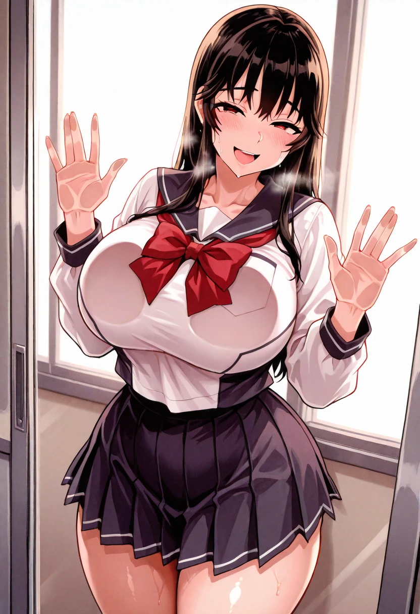 masterpiece,Highest quality,High resolution,Very detailed,One Girl,Long Hair,ponytail,Side Lock,bangs,Shash,(Orange Sweater:1.1),Collared shirt,Long sleeve,Red Skirt,Pencil Skirt,High heels,White footwear,indoor,classroom,smile,(study:1.2),mechanical,Chair,Spread your legs座る,Spread your legs, Her panties are visible、Soaked costume、Detailed costume、peace sign、Sweaty、Wet、blush、Wet、Transparent nipples、