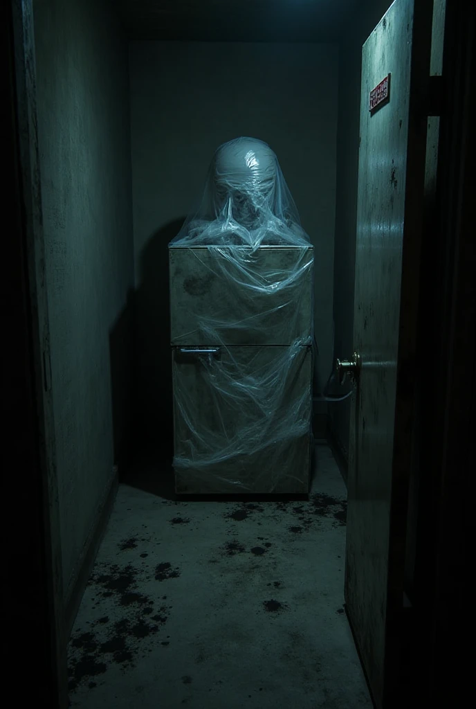 cctv footage of an extremely dark empty room with evil horror humanoid Japanese Ghost 