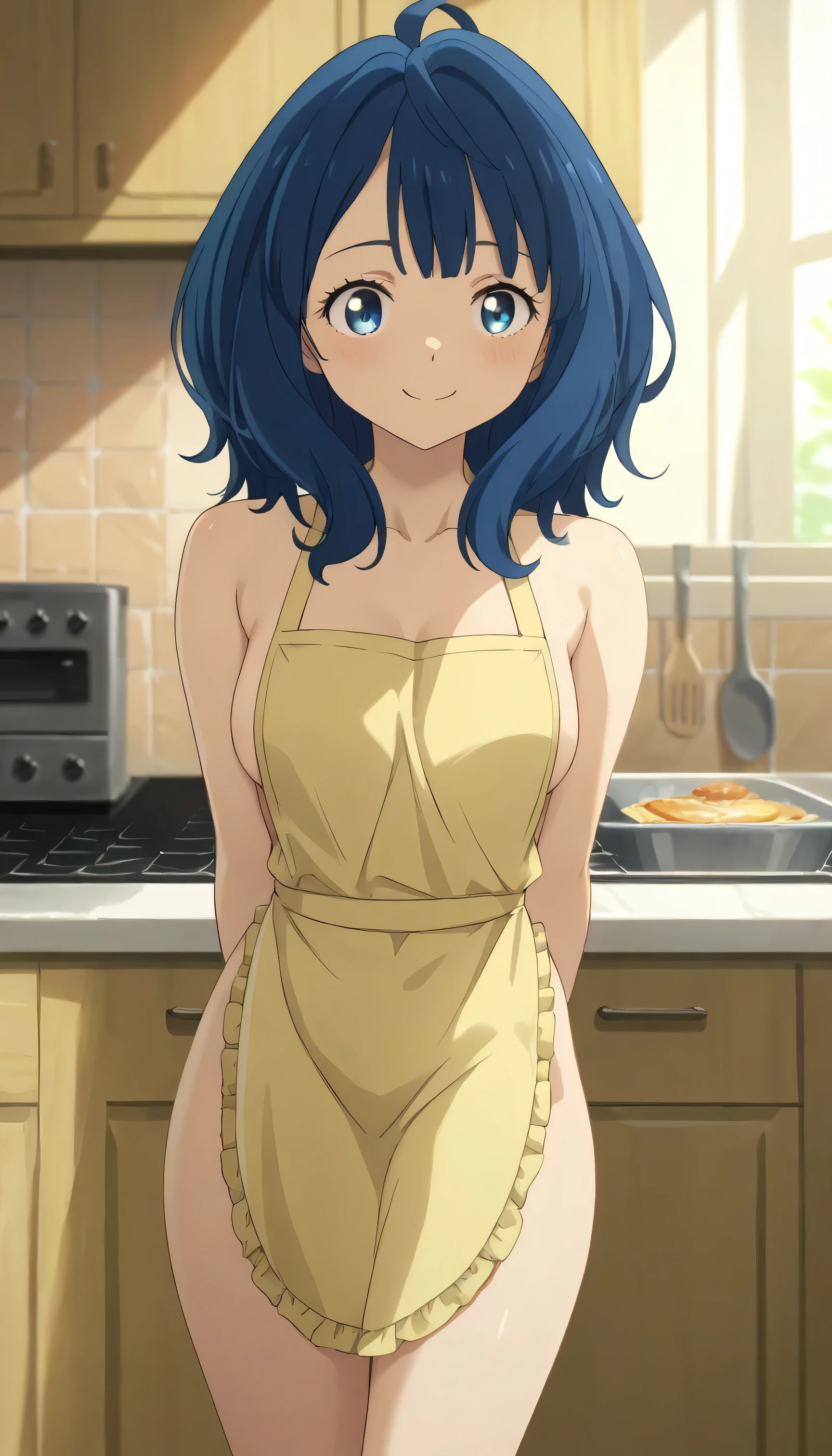 yanamianna, medium hair, blue hair, blue eyes, [Masterpiece], Best quality, [Perfect human body (especially the fingers)], Japanese TV anime style (anime capture), one woman only, standing completely nude (wearing only an apron), arms folded behind her back, smiling shyly, blushing, kitchen background, front view from the knees up