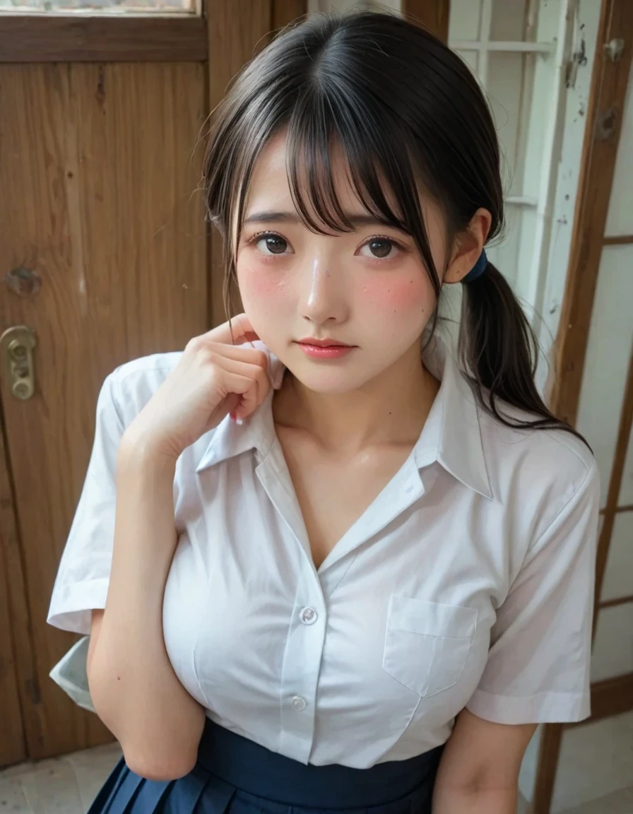 (masterpiece:1.3)、Super detailed finish、(High resolution、8k:1.3)、(highest quality)、(Super realistic like a photo:1.3)、correct limbs:1.3、anatomically correct, The face is in focus、close up on face:1.1、 ultra high definition face、Face is in focus、Ultra high definition and beautiful eyes、focused eyes、Eyes are symmetrical:1.3、High-definition and beautiful skin、firm skin、Ultra high definition hair texture、Japanese high school girl、17 years old、very cute, half updo:1.2, (high school uniform:1.3), bedroom, (lying on one's back:1.3), (I put my hands on my chest:1.3), small breast, B cup, (very embarrassed:1.3), (blush:1.3), (Strange look:1.3), (Awkward pose、dynamic pose:1.3), Mr.々shooting angle:1.3, (looking at viewer:1.3), nsfw