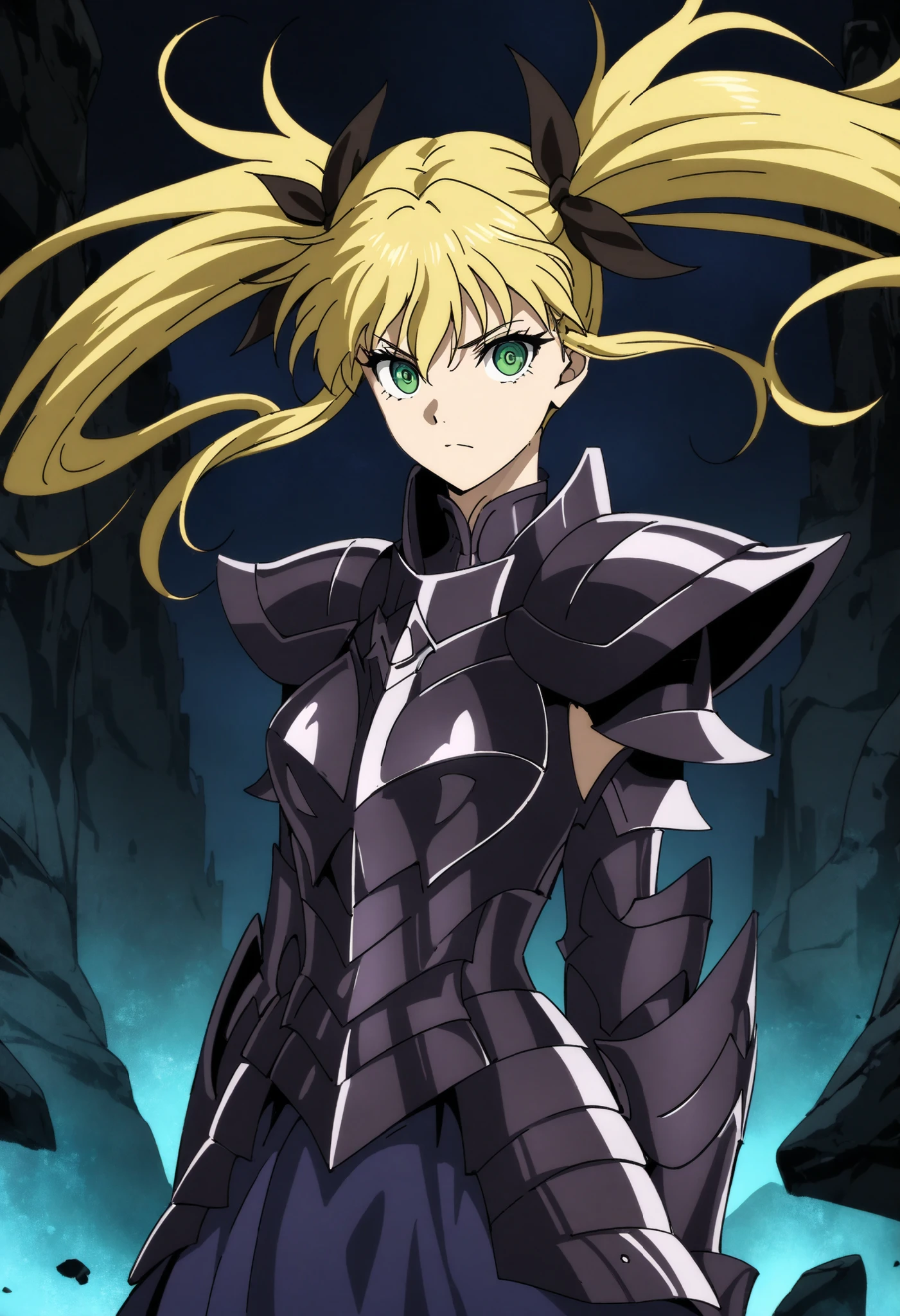 (high-quality, breathtaking),(expressive eyes, perfect face) Symmetrical Eyes, 1girl, female, solo, adult, looking at viewer, black background, narrow eyes, soft eerie blue lighting background, rock terrain background, Dark Purple Armor, trim, full plate armor, half body shot, solo, black armor, Specter, Dark Knights, plupre armor, blonde hair, green eyes, pigtails, ribbons in hair