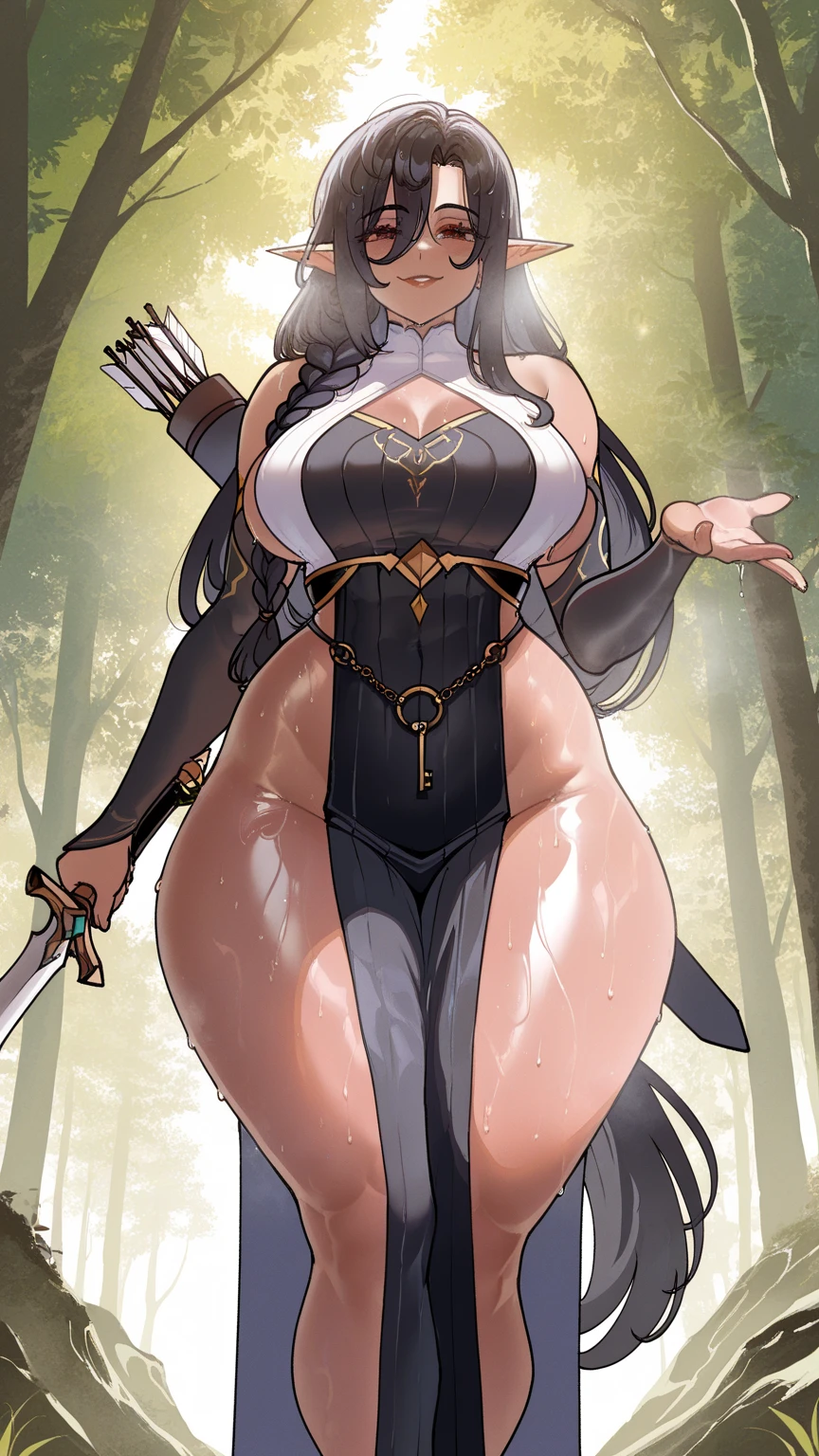 ((1 woman in medieval armor)),((Huge breasts, bare breasts, naked pussy, completely naked)),((in a forest)),((serious face)),((with lots of bubian hair)), ((very long messy black hair, bright blue eyes)),((facing the viewer, holding a sword)),