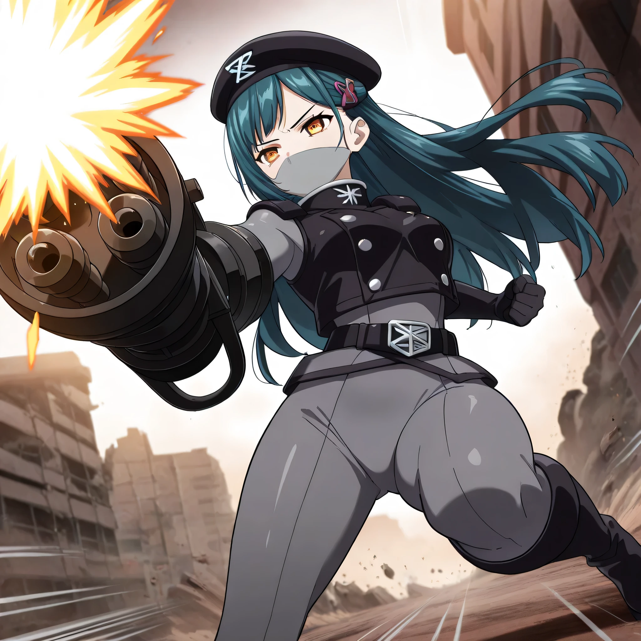 (((Masterpiece))), (((Best Quality))), ((Super Detail)), ultra-High resolution, score_9,score_8_up,score_7_up,score_6_up,score_5_up,score_4_up, BREAK, source_anime, anime screencap, uncensored, Masterpiece, (absurdres), (detailed background), (very aesthetic), detailed beautiful eyes, outstanding, an exquisite animation illustration, curvy, highres, dark persona, black beret, mouth mask, grey bodysuit, black vest, black gloves, elbow gloves, black belt, black boots, knee boots, (((solo, 1girl))), hair ornament, seductive pose, submissive pose, anime style, anime coloring, animification, megami magazine, sexy pose, himari azuma, long hair, side bangs, hair tied in large bow, expressive eyes, medium breasts, dark teal hair, amber eyes, minigun arm, weapon arm, firing, aiming, shooting, serious, serious expression, no mouth, apocalyptic, ruin, running, fighting, fighting stance, dynamic pose, action pose, dynamic angle, cinematic angle, dutch angle, standing, speed line, motion line, foreshortening,