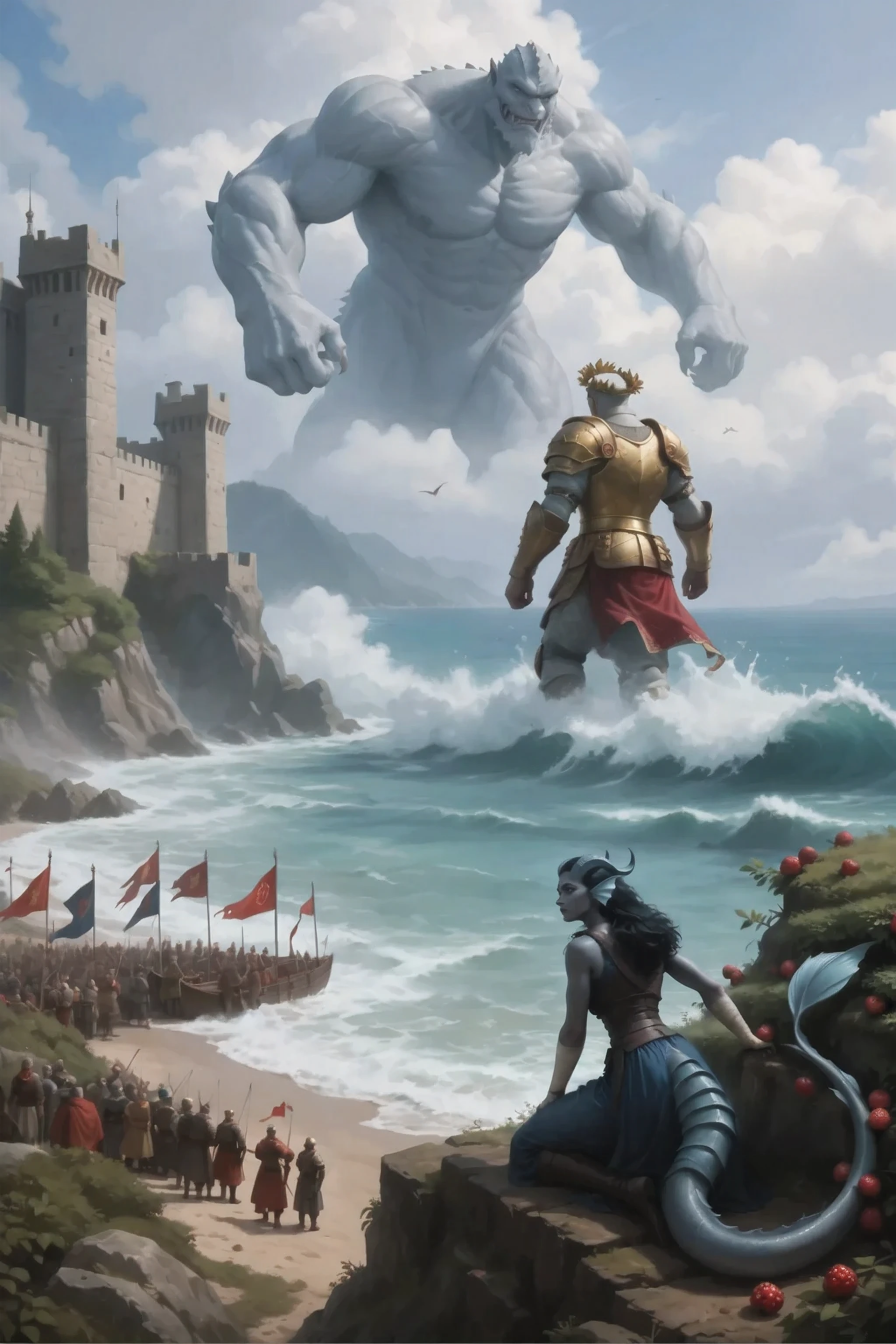 In the center of the composition, a confrontation between 2 huge titans, alone in the ocean, and the other is on the shore with an army.
In the foreground, finely modestly on the edge of the frame, she hid behind a bush on a cliff, falling to the ground is Kedra, a young woman with dark blue-gray skin and a dragon tail in the back. You can see a bush with bright red berries. Down in the valley, numerous standards develop and banners, there is a huge medieval army.
Below you can see a colossal fortress with huge stone towers and monumental medieval walls. Guarded by warriors.
In the background, you can see a huge Atlas, a giant above the clouds and above the mountains, a titan standing knee-deep in the ocean and a giant towering into the clouds, majestic and monumental in antique clothes and marble skin.
a huge tidal wave rolls ashore from the ocean. On the shore, there is a huge titanium in antique gold armor with a laurel crown on his head, looking into the ocean into the ocean, an army is at his feet.
