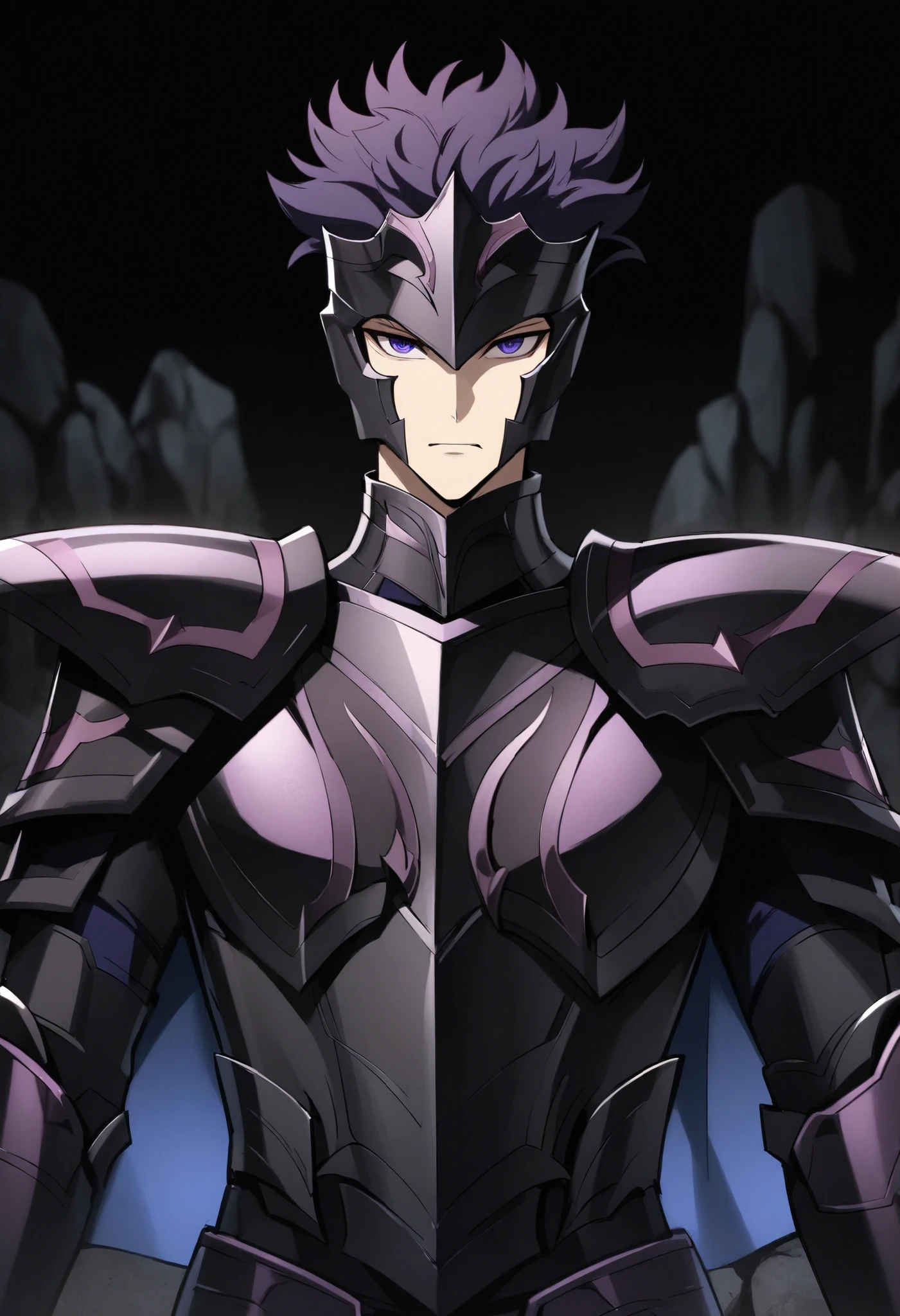 (high-quality, breathtaking),(expressive eyes, perfect face) Symmetrical Eyes, 1boy, male, solo, adult, looking at viewer, black background, narrow eyes, soft eerie blue lighting background, rock terrain background, Dark Purple Armor, trim, full plate armor, half body shot, solo, black armor, Specter, Dark Knights, aoi_kaguragi_locon
