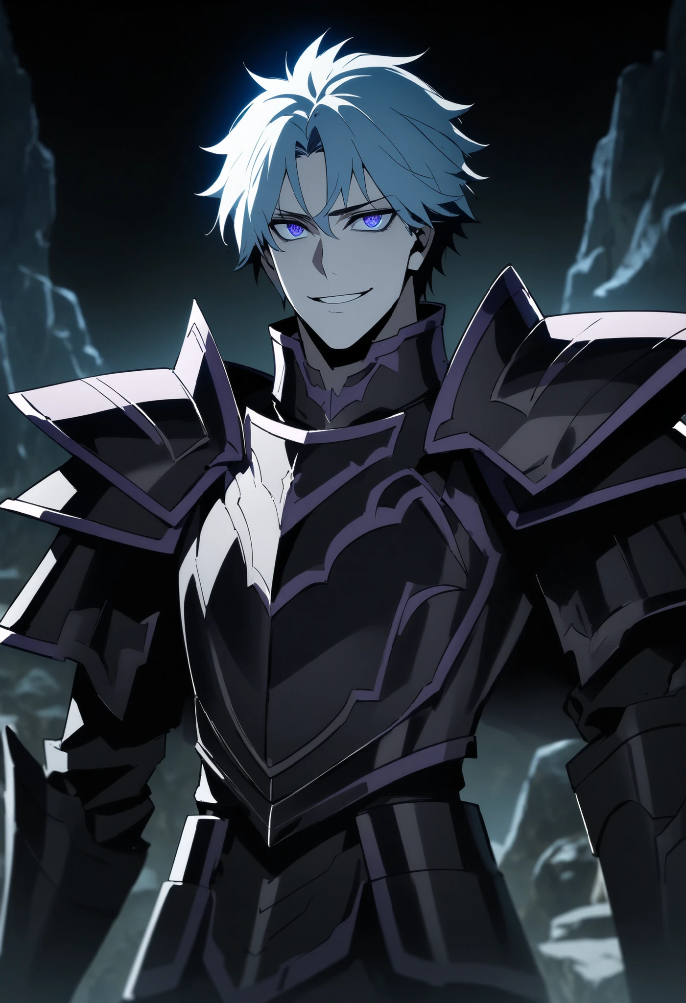 (high-quality, breathtaking),(expressive eyes, perfect face) Symmetrical Eyes, 1boy, male, solo, adult, looking at viewer, black background, narrow eyes, soft eerie blue lighting background, rock terrain background, Dark Purple Armor, trim, full plate armor, half body shot, solo, black armor, Specter, Dark Knights, smile,