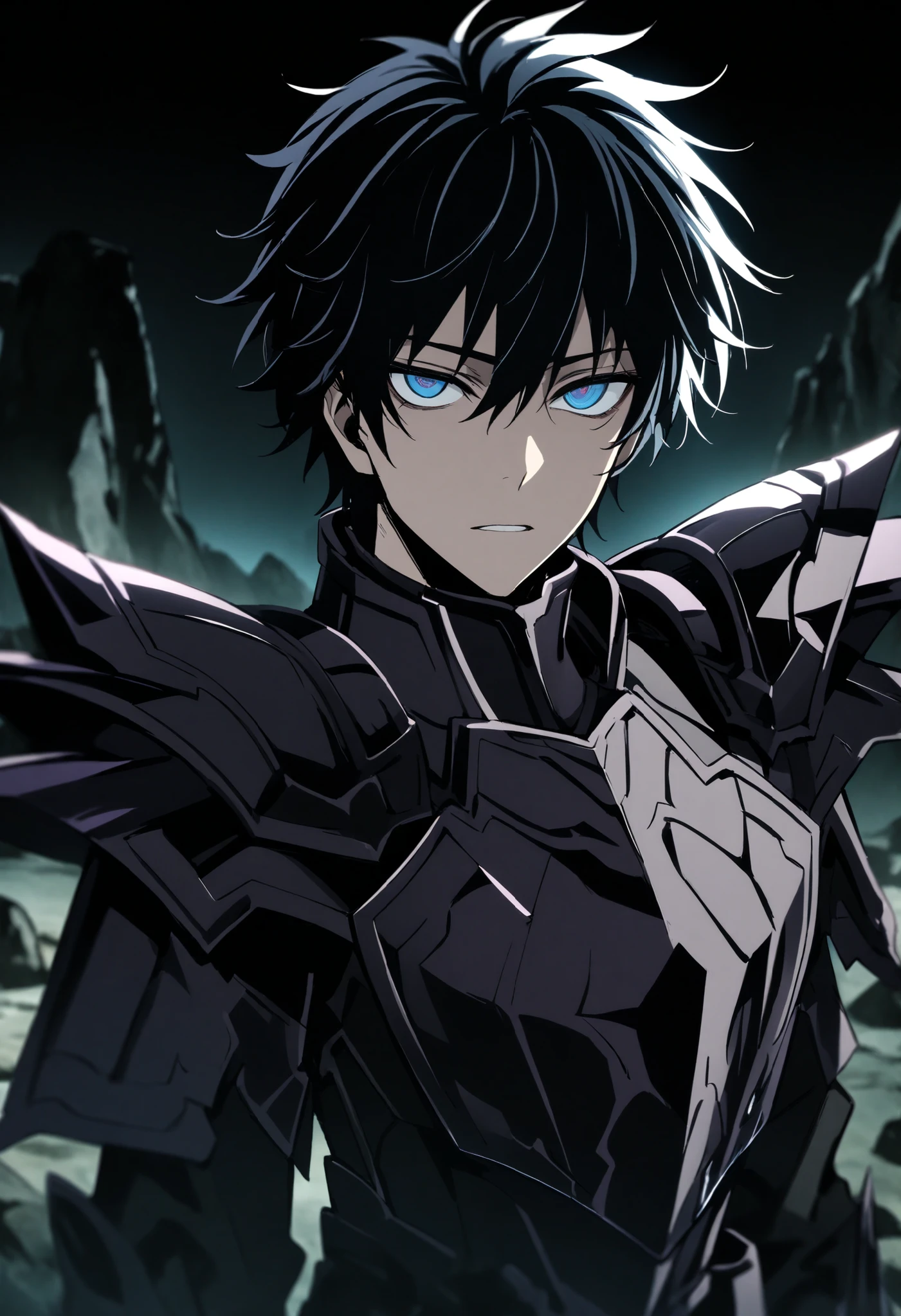 (high-quality, breathtaking),(expressive eyes, perfect face) Symmetrical Eyes, 1boy, male, solo, adult, looking at viewer, black background, narrow eyes, soft eerie blue lighting background, rock terrain background, Dark Purple Armor, trim, full plate armor, half body shot, solo, black armor, Specter, Dark Knights, kafka hibino, black hair
