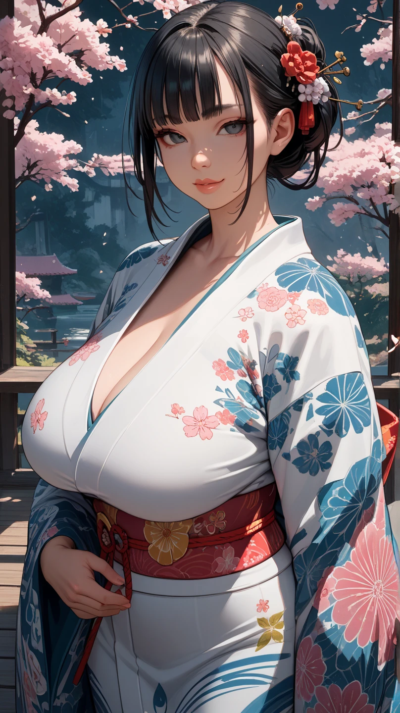(Browsing Caution), (RAW Photos), (Realistic), (Photorealistic), Ultra-high resolution, masterpiece, Highest quality, Portraiture, facial Portraiture, Perfect lighting, Detailed lighting, Dramatic Shadows, Ray Tracing, Pure Eros Face_v1, Urzan-6500-v1.1, ((smile)), ((upper body:1.2)), ((cleavage)), ((random sexy pose)), looking at viewer, ((wearing a kimono)), ((off shoulders kimono)), ((holding a Japanese sword)), ((in old Japanese street)), ((night)), ((background with Cherry blossom)), ((Cherry blossom blizzard:1.2)),