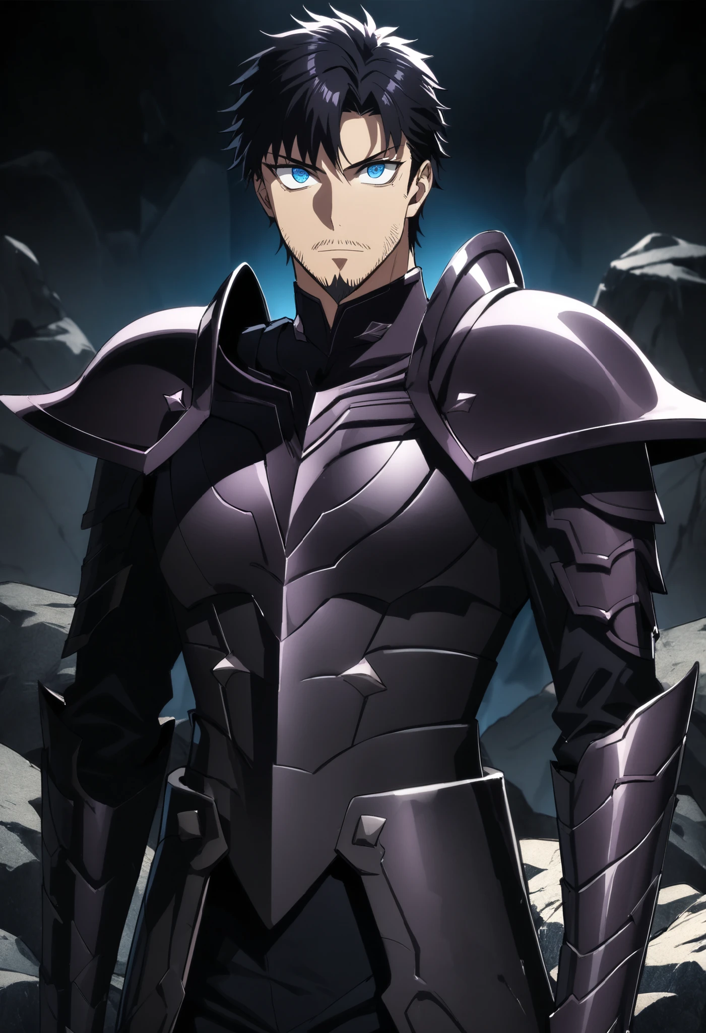 (high-quality, breathtaking),(expressive eyes, perfect face) Symmetrical Eyes, 1boy, male, solo, adult, looking at viewer, black background, soft eerie blue lighting background, rock terrain background, Dark Purple Armor, trim, full plate armor, half body shot, solo, black armor, Specter, Dark Knights, hibino kafka, black hair, blue eyes, mature male, goatee, facial hair, wide-eye,