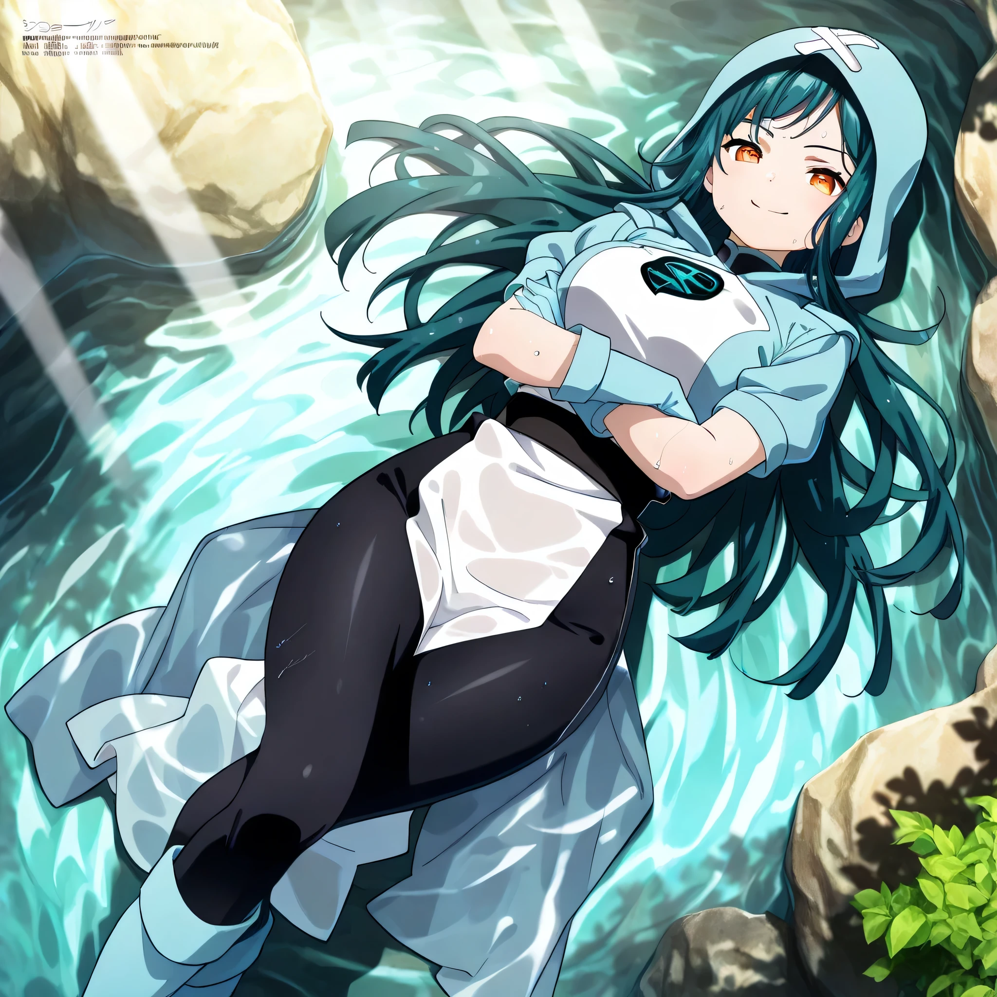 (((Masterpiece))), (((Best Quality))), ((Super Detail)), ultra-High resolution, score_9,score_8_up,score_7_up,score_6_up,score_5_up,score_4_up, BREAK, source_anime, anime screencap, uncensored, Masterpiece, (absurdres), (detailed background), (very aesthetic), detailed beautiful eyes, outstanding, an exquisite animation illustration, curvy, highres, dark persona, hood, hood up, bodysuit under clothes, black bodysuit, light blue surcoat, light blue shirt, short sleeves, black sash, light blue gloves, light blue boots, (((solo, 1girl))), hair ornament, seductive pose, submissive pose, anime style, anime coloring, animification, megami magazine, sexy pose, himari azuma, long hair, side bangs, hair tied in large bow, expressive eyes, medium breasts, dark teal hair, amber eyes, crossed arms, determined, proudly, wide eyes, smile, looking from above, view from above, from above, crossed legs, lying down in water, in water, lying down, lying down on back, on back, looking at viewer, full body, dynamic angle, cinematic angle, dutch angle, wet body, wet skin, wet hair, soak, sweat, dappled light, sunbeam, nature, scenery,