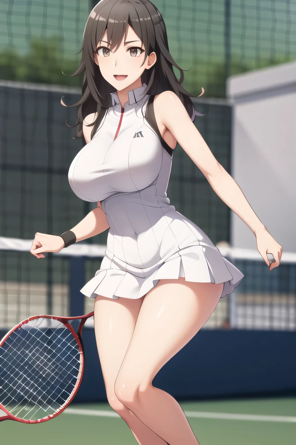 smiling up and down in white tennis wear,white,white pleated miniskirt,Bare legs,Splendid Thighs,Beautiful legs,Sneakers,Can you draw one person on a tennis court with white huge breasts,can you draw women who enjoy tennis,women with nice smiles, Woman with Black Hair,Please draw more delicately,,表情を最優先するのでFaces are very importantトリミングしないでください,,, Big black wavy hair, , BIG BREASTS, thin waist , , ,Faces are very important,、,