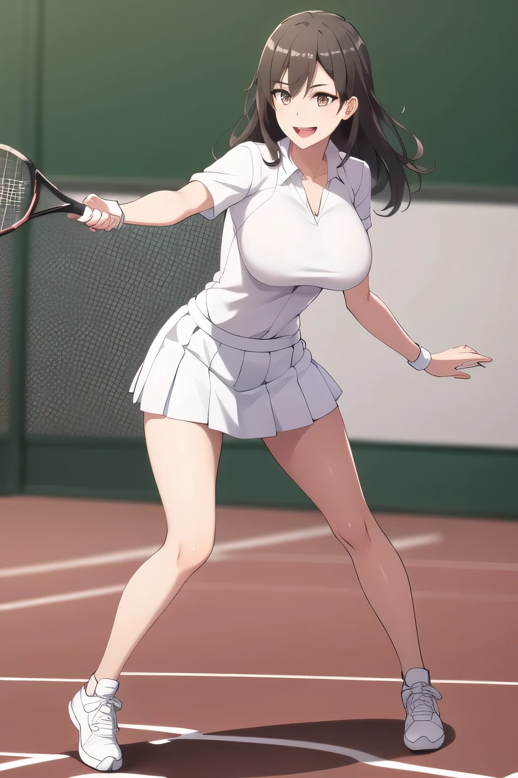 smiling up and down in white tennis wear，white，white pleated miniskirt，Bare legs，Splendid Thighs，Beautiful legs，Sneakers，Can you draw one person on a tennis court with white huge breasts，can you draw women who enjoy tennis，women with nice smiles， Woman with Black Hair，Please draw more delicately，,表情を最優先するのでFaces are very importantトリミングしないでください，,，    Big black wavy hair, ,   BIG BREASTS, thin waist ， ,   ，Faces are very important，、,