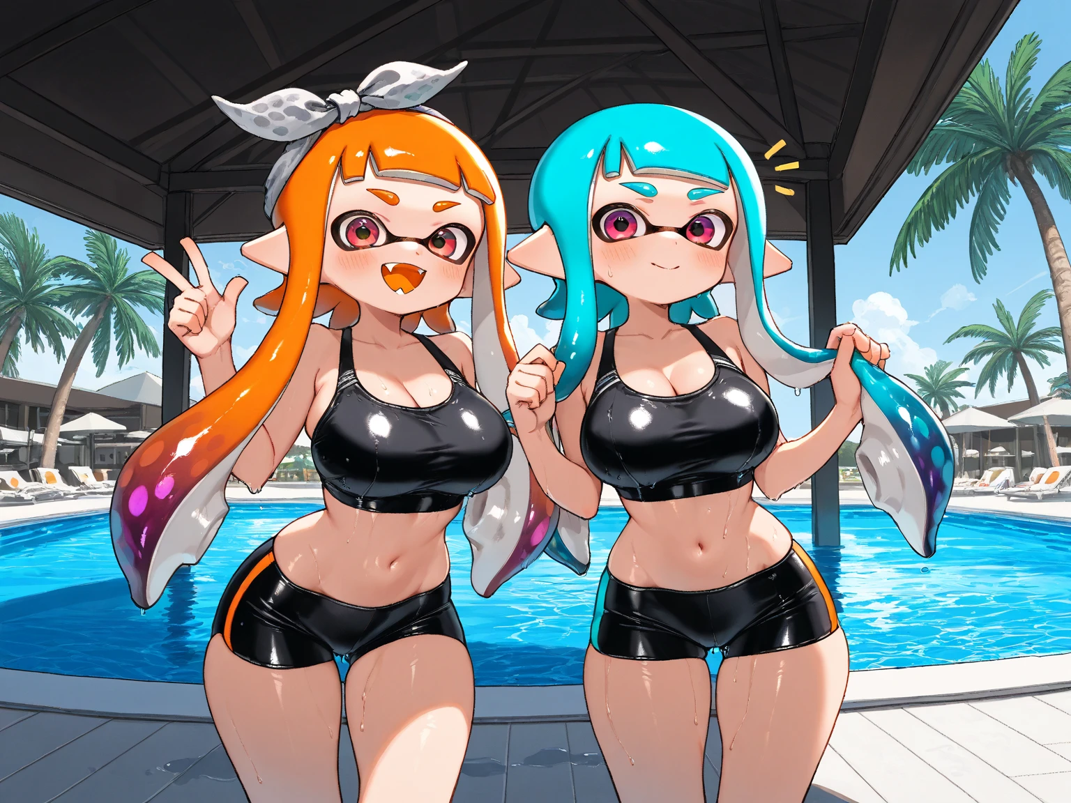 Anime style.(perfect, masterpiece, best, perfect anatomy, perfect eyes) generate a female inkling with an anthropomorphic shape.Splatoon inkling.milf. 2 female.She has cute eyes, makeup.mascaras. (gigantic breasts:0),(wide hips:0.8), six pack.fighting pose.poolside.sexy clothes.color.