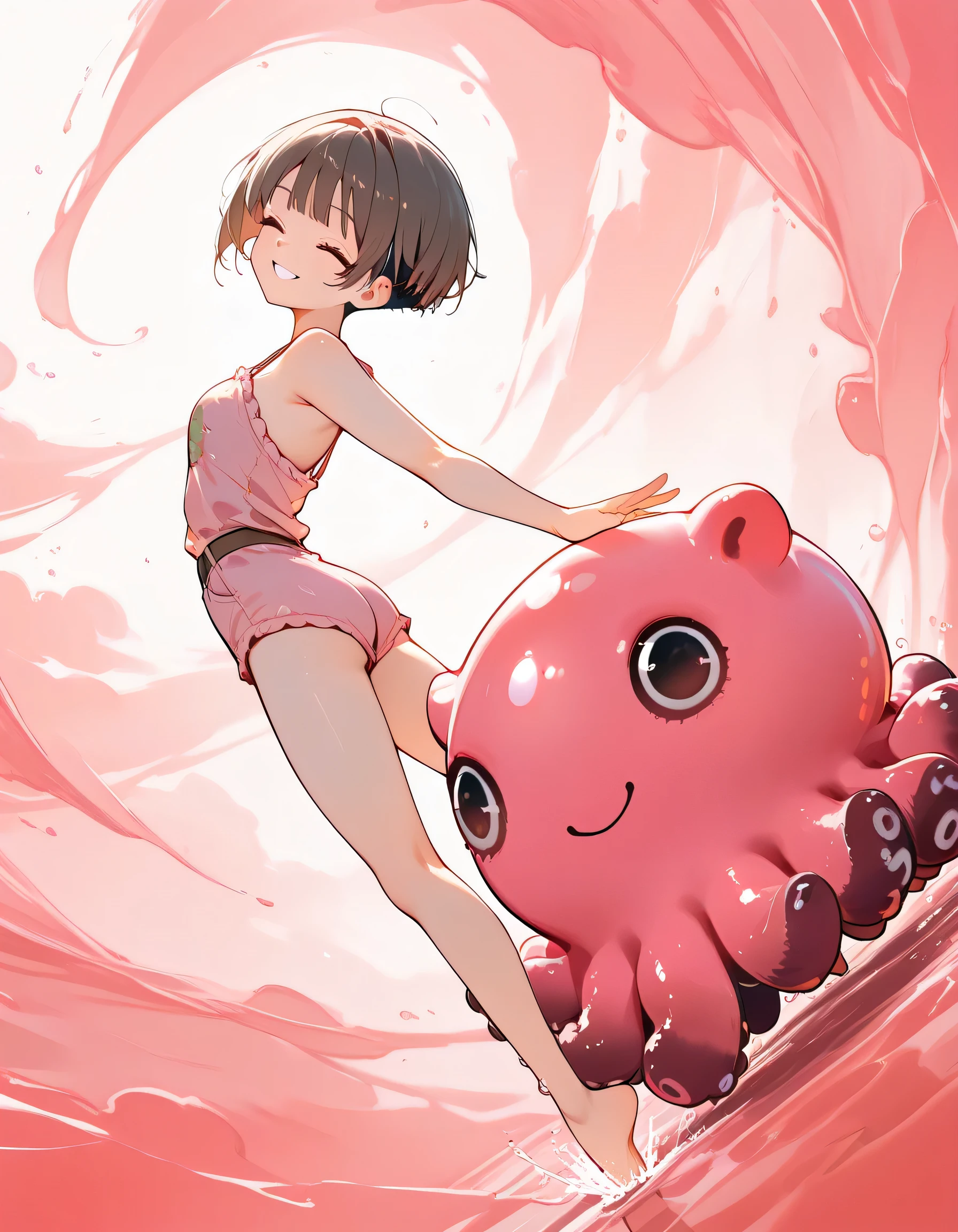 sideview,(dynamic angle,dynamic model pose),upperbody,brown very short cut,bangs,undercut,closed one eyes,smile,(with some pink Dumbo Octopus plush),summer sea,memorial shot,