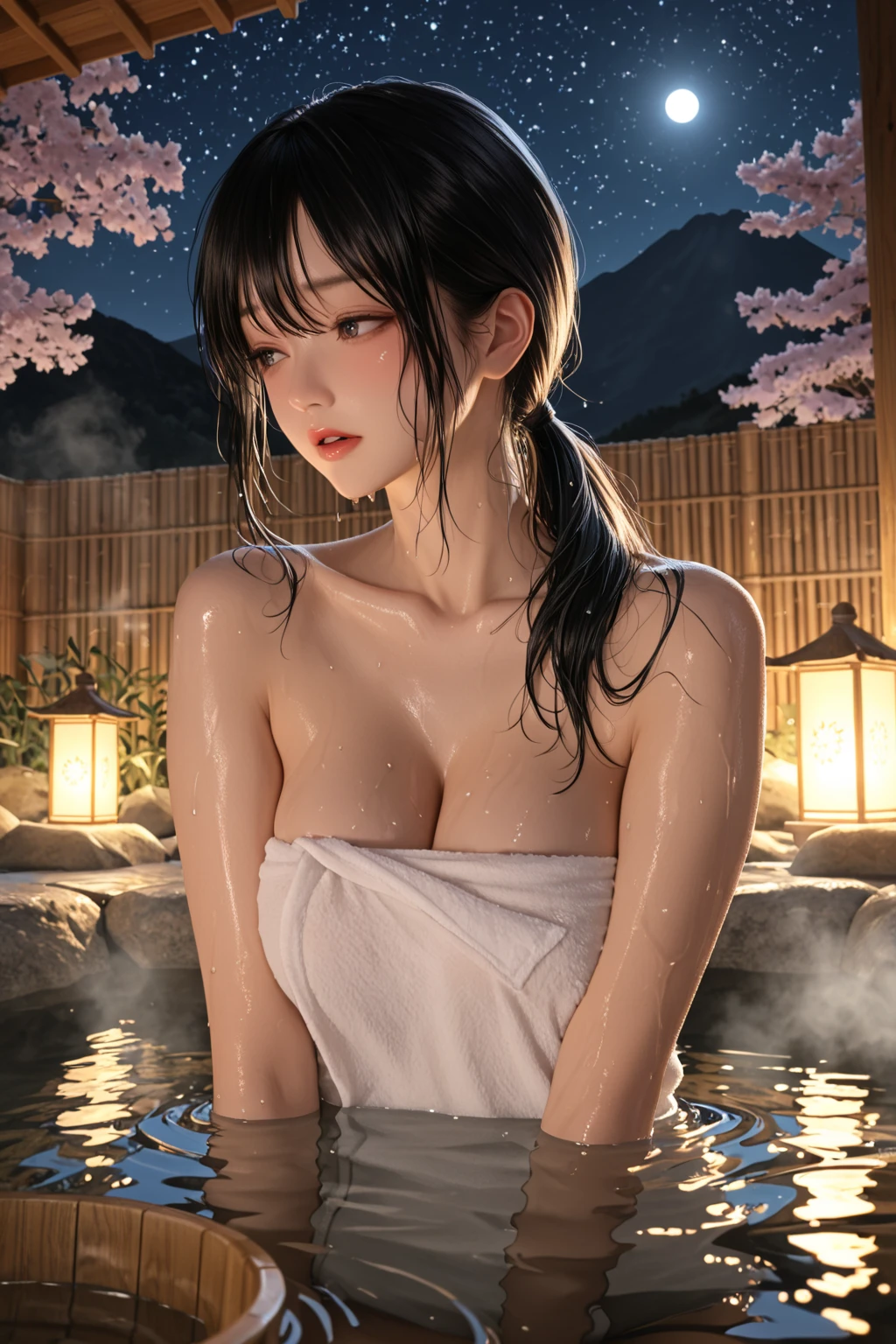 (ultra detailed eyes), (ultra detailed face), high quality, best image quality, masterpiece, teenage girl, 18 years old, very cute and beautiful girl, ((Naked:1.2)), ((Nude:1.2)), (Pubic hair:1.2), (onsen:1.2), (night:1.2), (light up:1.2), (soak in water, wet:1.2), (Sitting,indian style:1.2), (hot spring), medium black hair, (hair updo), medium breasts, (smile:1.2), ((Finest quality)), ultra high resolution, ultra-detailliert, Meticulous portrayal, ((Best Anime)),