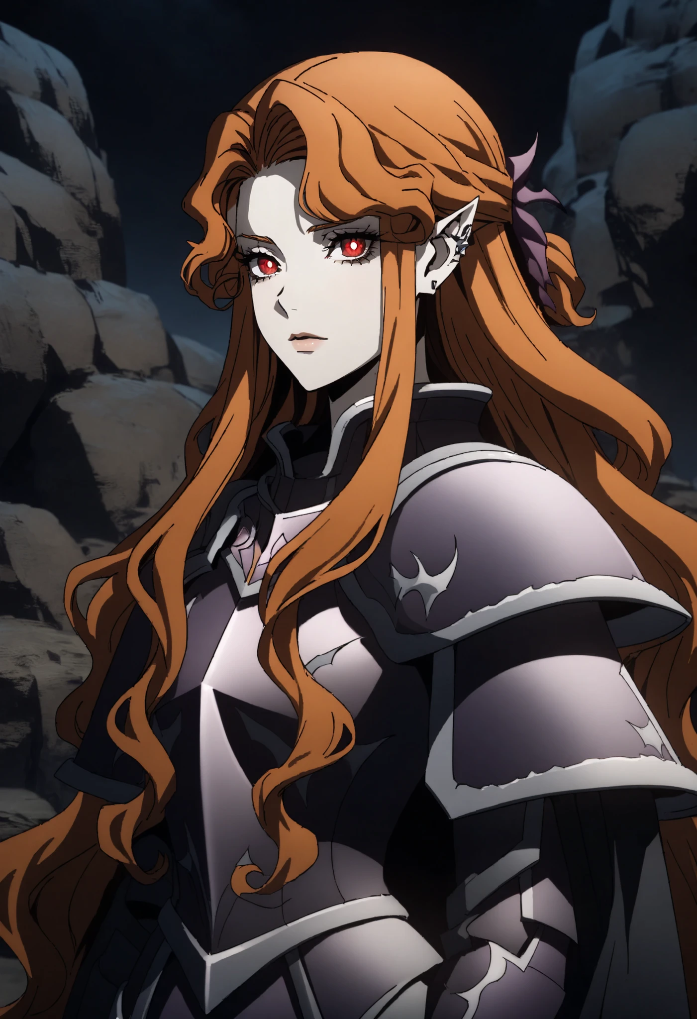 (high-quality, breathtaking),(expressive eyes, perfect face) Symmetrical Eyes, 1girl, female, solo, adult, looking at viewer, black background, soft eerie blue lighting background, rock terrain background, Dark Purple Armor, trim, full plate armor, half body shot, solo, black armor, Specter, Dark Knights, orange hair, long hair, wavy hair, sidelocks, asymmetrical bangs, half updo, eyelashes, lips, pointy ears, red eyes, bright pupils, vampire, pale skin, hair ornament, earrings,