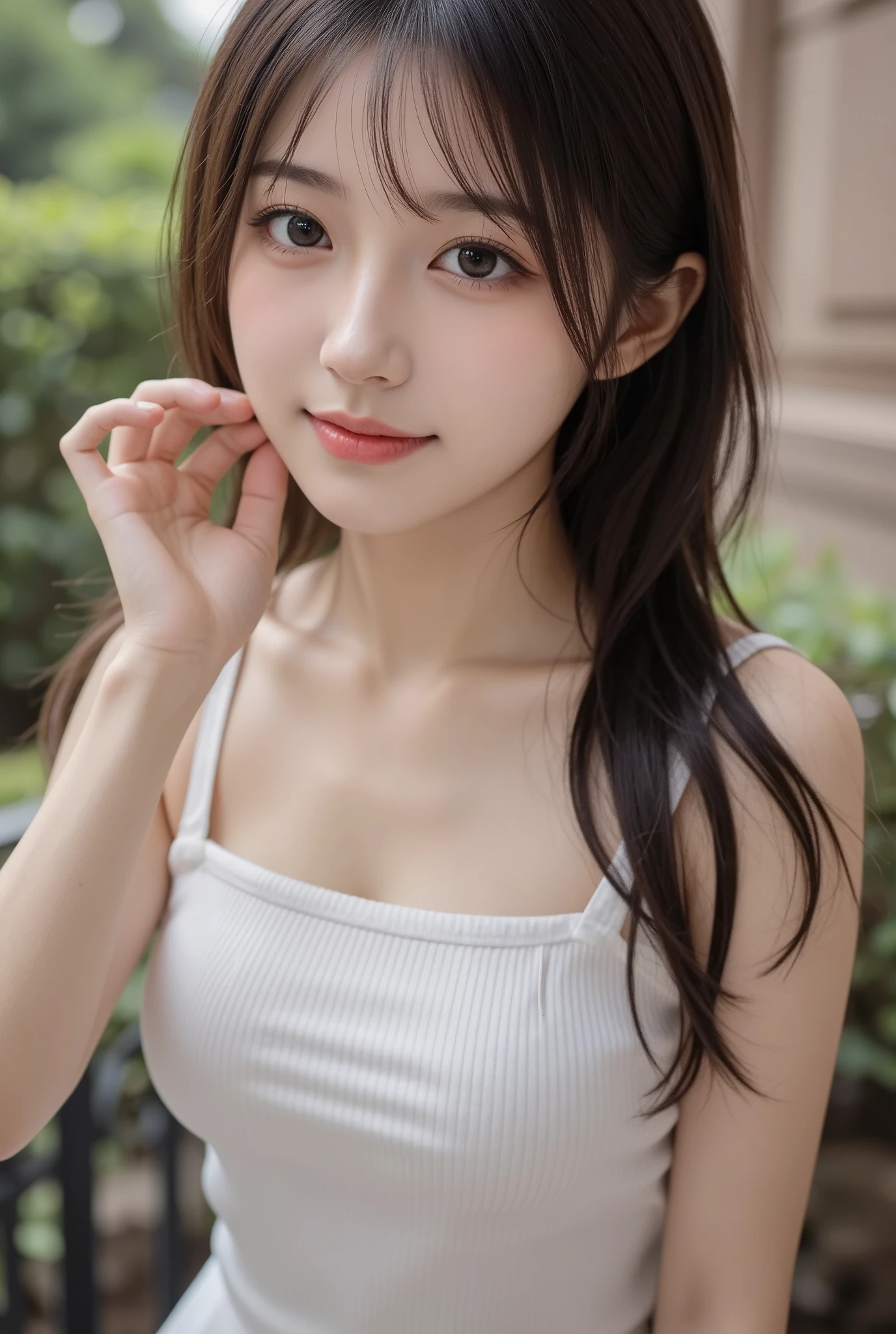 (masterpiece: 1.3), (8k, Realistic, RAW Photos, highest quality: 1.4), (One Girl), Beautiful Face, (Realistic Face), (Brown long hair: 1.3), Beautiful Hairstyles, (bangs), (smile), smile, Realistic eyes, Gloss, highlight, highlight in the Eyes, eyelash, Beautiful details in the eyes, (Realistic Skin), (((Tank top:Random color 1pc.2、Short jeans、At the cafe、Coffee on the table、)))、Beautiful Skin, Transparency、 bust, smile, teeth, Confused, charm, 超High resolution, Ultra-realistic, High resolution, Golden Ratio, Clear eyes, Wet, Mole, Looking into the camera, ear, Shine, Long neck, double eyelid, Big eyes, cheek, kind character, charm personality, kind, Move, 圧倒的なcharm, bright personality