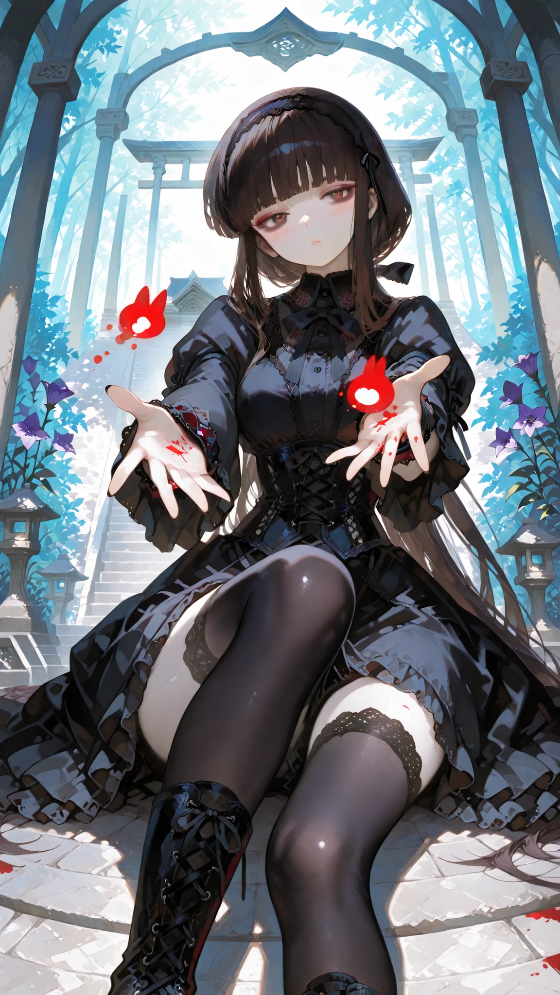 very long hair,  blunt bangs , temple, Ji Qie,,Hairband, long hair,  blunt bangs , temple, Low Ponytail,, bellflower dog, brunette, Brown eyes,,Outstanding Works,Slightly realistic, Excellent quality, light and shadow, 超high resolution, high resolution,anime style。3/4 Character, Zombie Girl, Long, long, straight auburn hair with blunt bangs, black lace hairband with ribbon, pale off-white skin with slightly grey undertones, glowing red eyes, dark eyeshadow, light blush under eyes, sharp black nail stains, light stitch marks on skin, slightly red lips, gothic lolita shiny black dress with corset lace-up corset, bubble sleeves with ruffled cuffs, black ribbon bow at bust, layered ruffled skirt, black knee length lace stockings, black gothic knee length lace up boots, elegant gothic eerie vibe, super detailed, masterpiece, soft dramatic lighting, intricate textures, 8k illustration Slightly floating on the ground, arms outstretched as if inviting hugs, eerie glowing forest background Hair Faint blush coat bubble