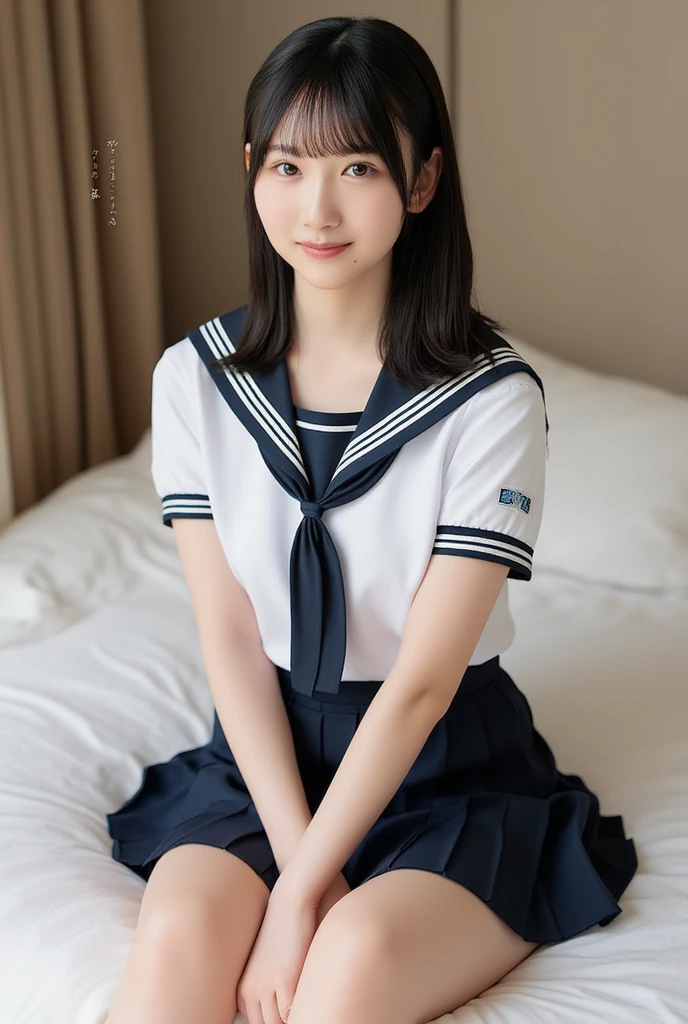 (​masterpiece,top-quality,超A high resolution),A Japanese Lady, Very beautiful 12 year old girl, Ubu no Girl、(Perfect limbs、perfect anatomia)、Cute sailor suit、Sailor suit with short sleeves、Navy blue skirt、Pure white、Beautiful skin、Moist eyes、Premonition of love、embarrassed grin、a bed