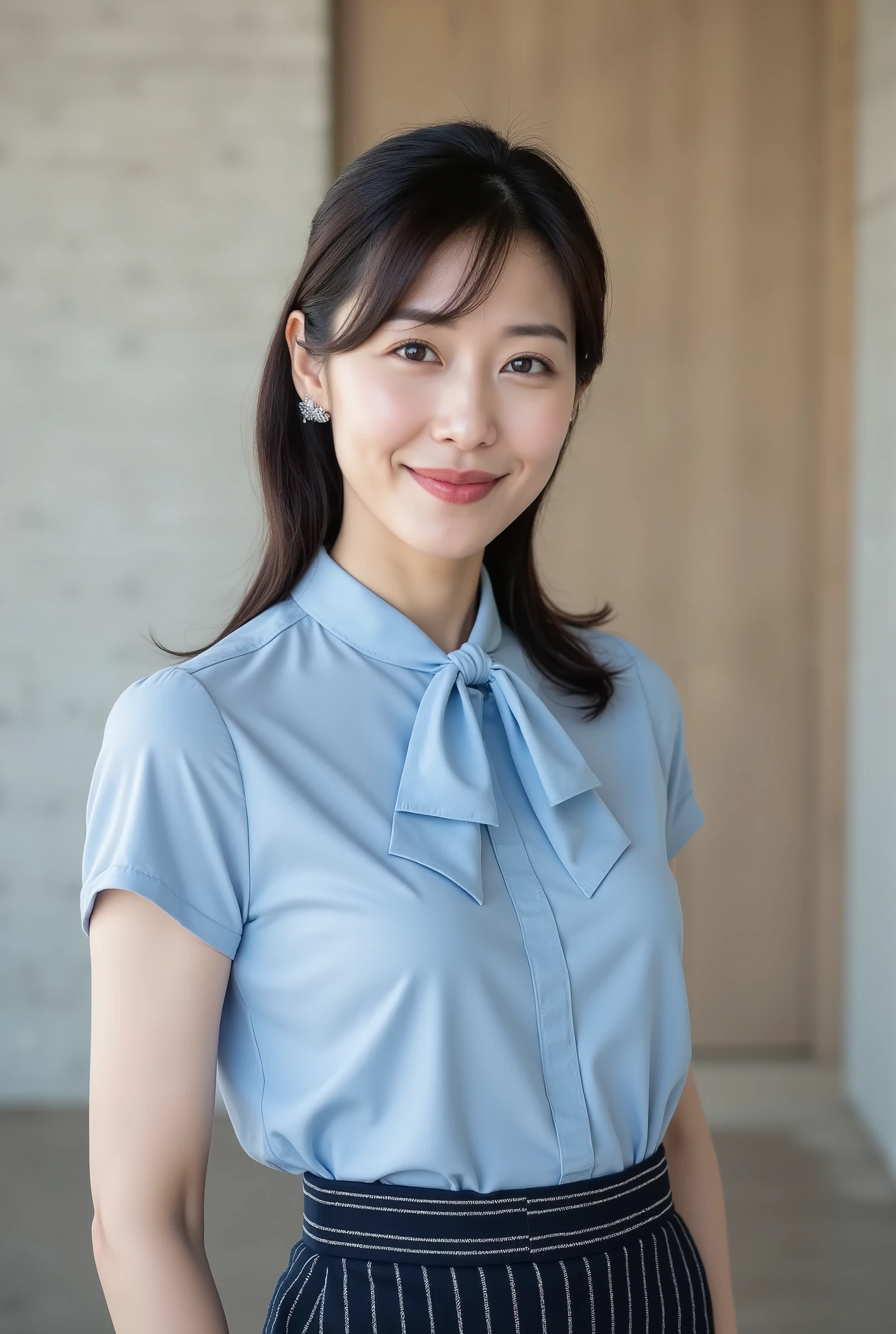 mature japanese woman (Age 32)A pure Japanese beauty with light makeup。
Long face、Shaped eyebrows、Thin, elegant lips。
Density and slender proportions。
Long, straight black hair tied up in a ponytail。
A navy blue pinstripe, below-knee-length pencil skirt。
light blue bow tie blouse。
Small silver earrings。
kind smile。
Street Corner with Clear Sky、West Shot。

Her look is sophisticated and distinctive, Minimal makeup—soft pink lips, A hint of eyeliner, and a subtle blush. The lighting is cinematic and warm, Casts realistic highlights on her skin and fabrics, Creates natural depth and a gentle glow.

A soft, blurred background、Shows a serene indoor look, Adds intimacy without distraction. The setting is peaceful and emotionally accessible—perfect for social media content aimed at gently connecting with your audience.

The portrait is rendered in ultra-high resolution (8k) Used physically based rendering (Price Earnings Ratio) For realistic texture and light behavior. Photographed in sharp focus (debt/1.4) To accentuate fine details and skin tone. Parameters: Photorealism (1.37), surrealism (1.1), ultimate beauty (1.4), cinematic lighting, Designed to create the feel of a high-end editorial photo.