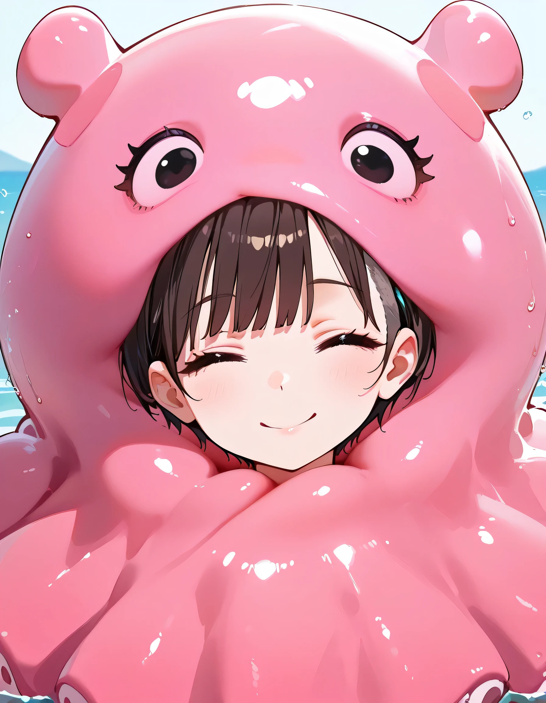 (with some pink Dumbo Octopus plush),frontview,upperbody,brown very short cut,bangs,undercut,closed one eyes,smile,summer sea,memorial shot,