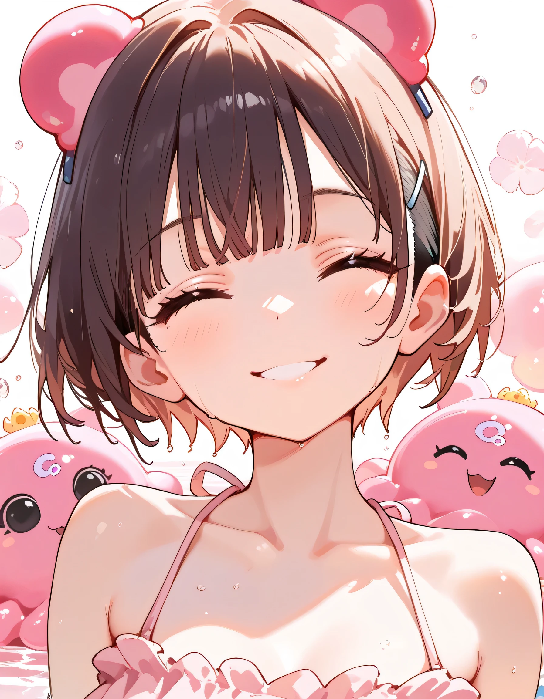 (with some pink Dumbo Octopus plush),frontview,upperbody,brown very short cut,bangs,undercut,closed one eyes,smile,summer sea,memorial shot,