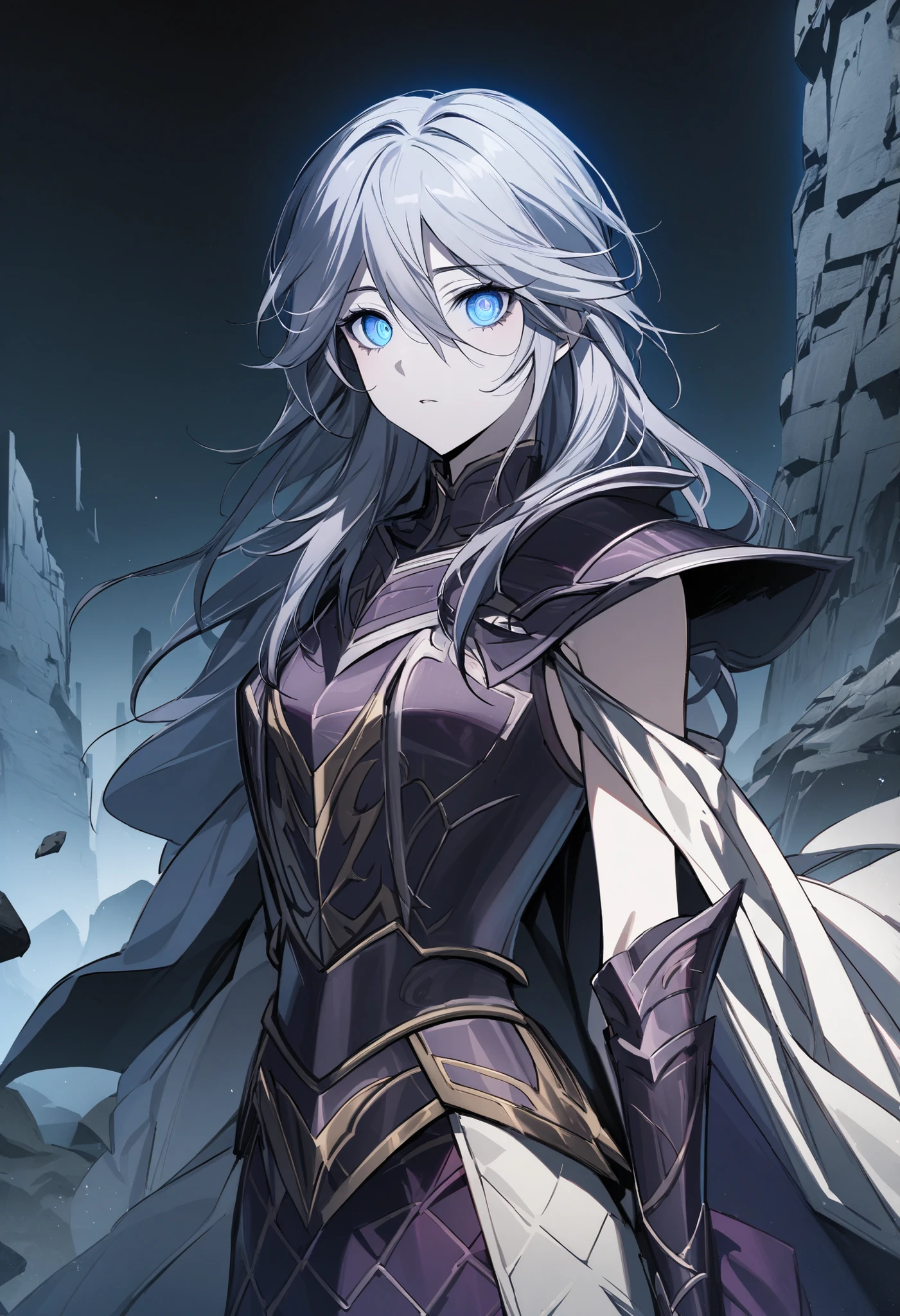 (high-quality, breathtaking),(expressive eyes, perfect face) Symmetrical Eyes, 1girl, female, solo, adult, looking at viewer, black background, soft eerie blue lighting background, rock terrain background, Dark Purple Armor, trim, full plate armor, half body shot, solo, black armor, Specter, Dark Knights, vampire fraulein