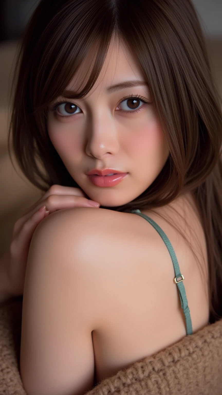 1 Female,:p,flustered,from above,upper body,breast hold,face and body straight at the camera,Ultra-realistic as a photo,highest quality,8k, Ultra-high resolution,RAW Photos,well-proportioned body,Beauty,Small and beautiful breasts,POV,Sexy silk underwear,Sharpness,to close range,mimino kurumi,