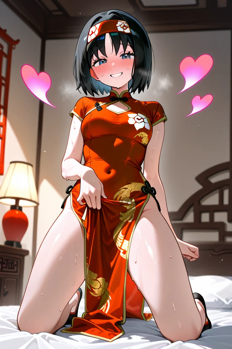 Period drama manga style　A 15-year-old super beautiful Chinese young lady with black hair in a bun cut wearing a super shiny red long-sleeved Chinese dress　A pussy covered in white slime and pubic hair is forced open　She is raped by the emperor and has sex in the missionary position while crying.
