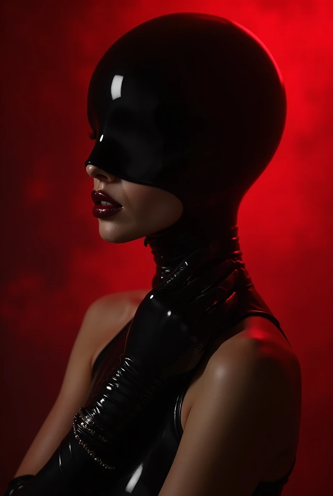 uma garota muito linda e muito magra, wearing a black  with pantyhose and face mask . Dark room with only red neon lighting. Muitos detalhes, extremamente realista. Alta qualidade, 8k

