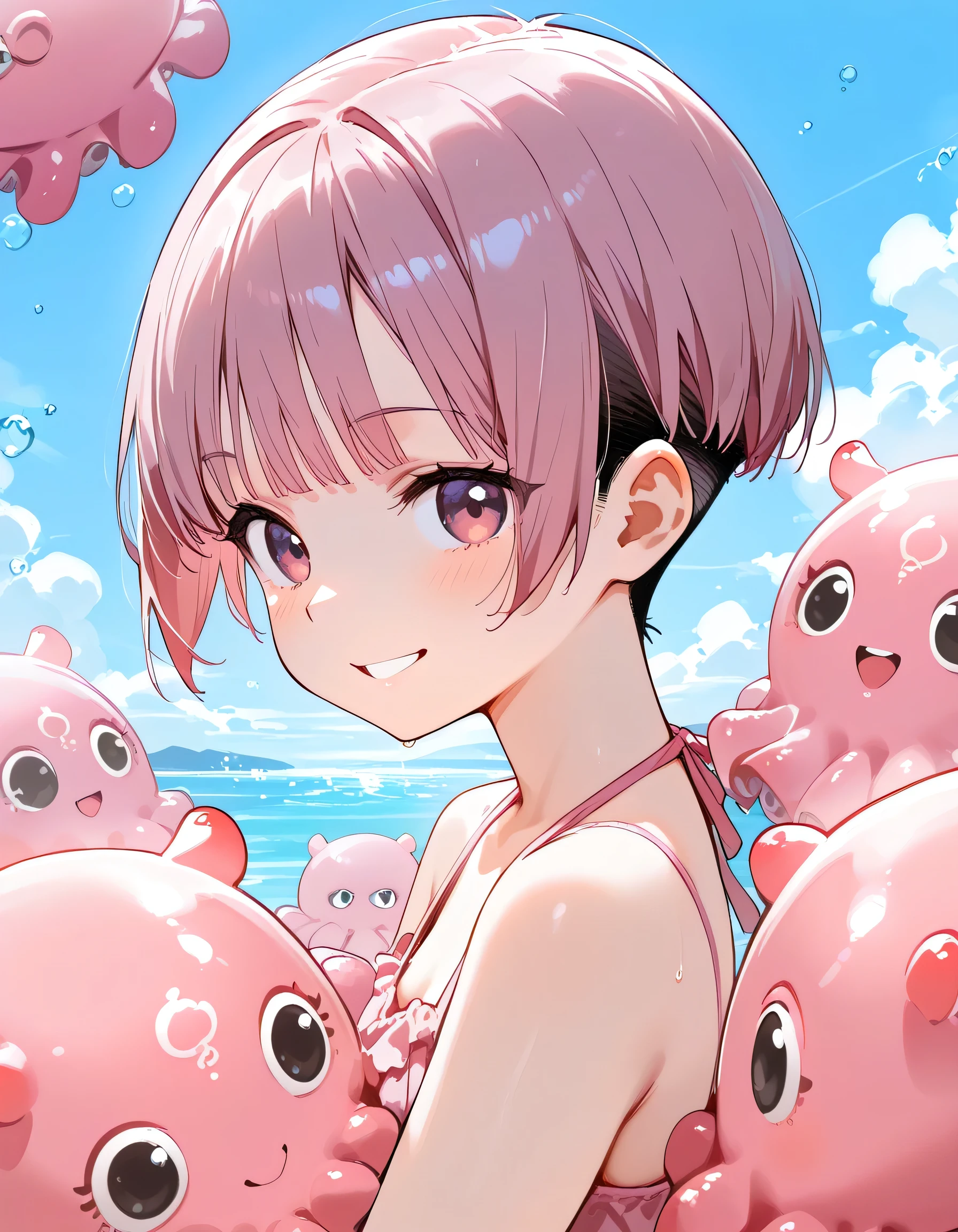 (with many pink Dumbo Octopus plushes),sideview,upperbody,brown very short cut,bangs,undercut,active smile,summer sea,memorial shot,