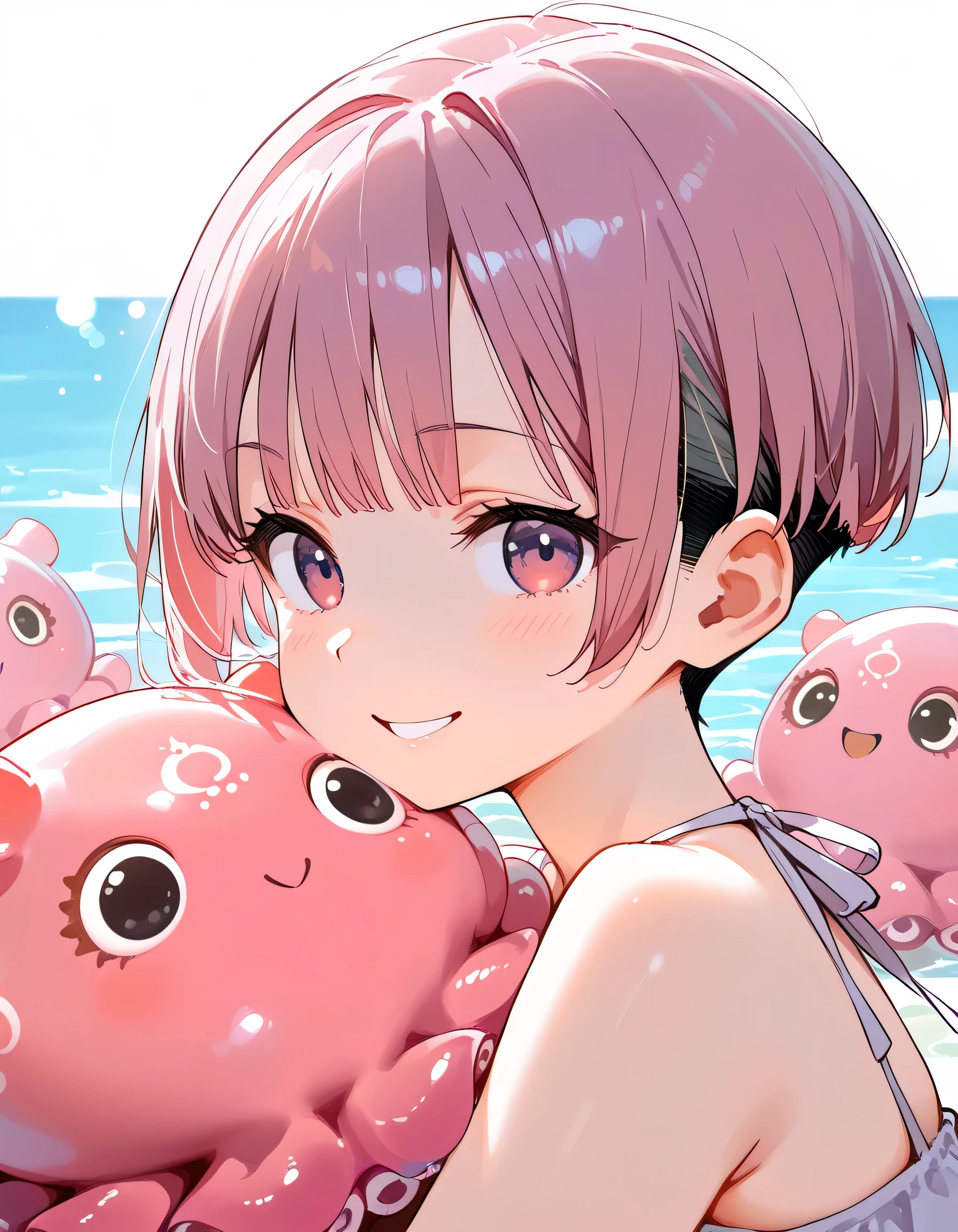 (with many pink Dumbo Octopus plushes),sideview,upperbody,brown very short cut,bangs,undercut,active smile,summer sea,memorial shot,