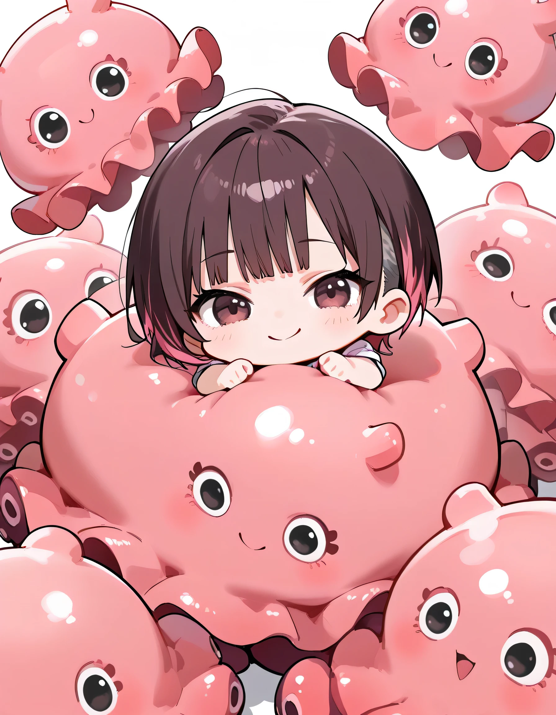 (chibi,fullbody),(with many pink Dumbo Octopus plushes),brown very short cut,bangs,undercut,active smile,white background,