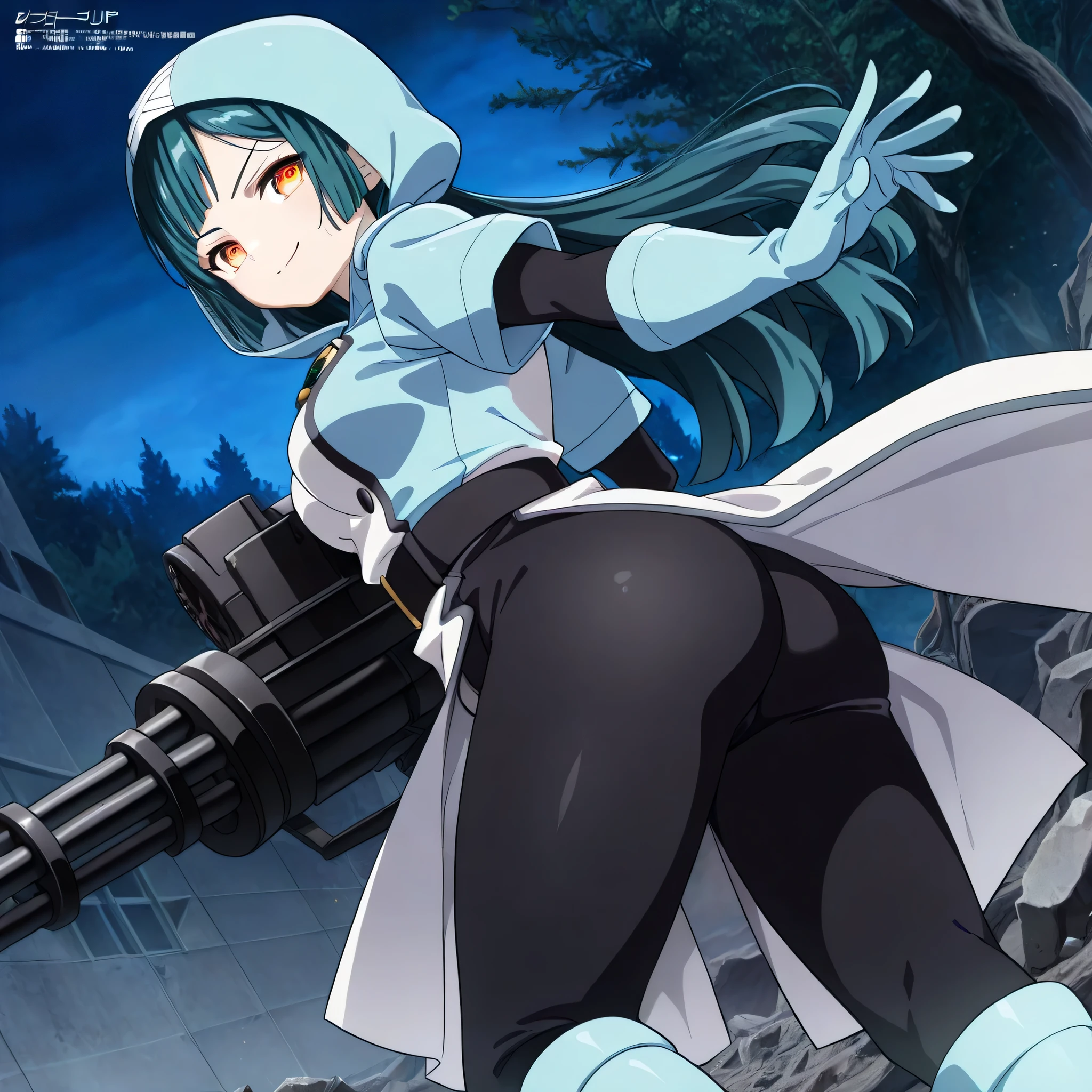 (((Masterpiece))), (((Best Quality))), ((Super Detail)), ultra-High resolution, score_9,score_8_up,score_7_up,score_6_up,score_5_up,score_4_up, BREAK, source_anime, anime screencap, uncensored, Masterpiece, (absurdres), (detailed background), (very aesthetic), detailed beautiful eyes, outstanding, an exquisite animation illustration, curvy, highres, dark persona, hood, hood up, bodysuit under clothes, black bodysuit, light blue surcoat, light blue shirt, short sleeves, black sash, light blue gloves, light blue boots, (((solo, 1girl))), hair ornament, seductive pose, submissive pose, anime style, anime coloring, animification, megami magazine, sexy pose, himari azuma, long hair, side bangs, hair tied in large bow, expressive eyes, medium breasts, dark teal hair, amber eyes, ass, from back, from behind, looking from back, view from back, dynamic pose, standing, standing still, standing at attention, dynamic angle, cinematic angle, dutch angle, night, apocalyptic, ruin, tree, determined, smile, proudly, confident expression, minigun arm, weapon arm, 