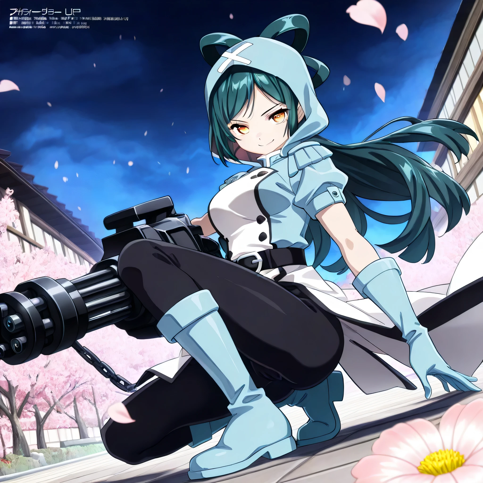 (((Masterpiece))), (((Best Quality))), ((Super Detail)), ultra-High resolution, score_9,score_8_up,score_7_up,score_6_up,score_5_up,score_4_up, BREAK, source_anime, anime screencap, uncensored, Masterpiece, (absurdres), (detailed background), (very aesthetic), detailed beautiful eyes, outstanding, an exquisite animation illustration, curvy, highres, dark persona, hood, hood up, bodysuit under clothes, black bodysuit, light blue surcoat, light blue shirt, short sleeves, black sash, light blue gloves, light blue boots, (((solo, 1girl))), hair ornament, seductive pose, submissive pose, anime style, anime coloring, animification, megami magazine, sexy pose, himari azuma, long hair, side bangs, hair tied in large bow, expressive eyes, medium breasts, dark teal hair, dark green hair, amber eyes, determined, smile, proudly, confident expression, minigun arm, weapon arm, crouching, squatting, looking at viewer, chain, dutch angle, dynamic angle, cinematic angle, side ass, looking from side, view from side, from side, looking at viewer, dynamic pose, action pose, night, petal, wind, windy, floating hair, flower, full body