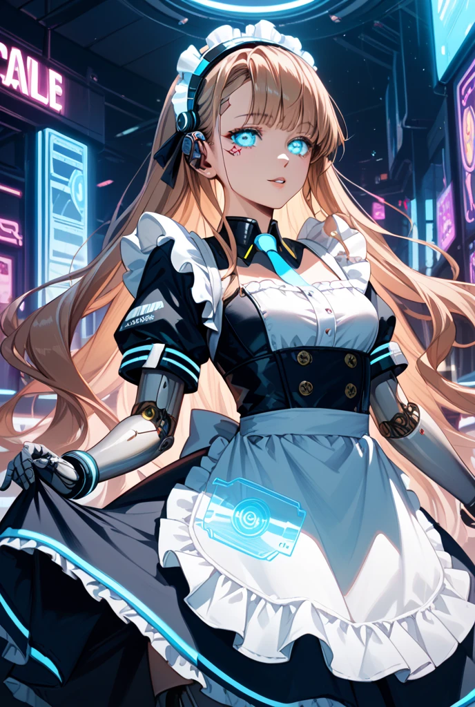 (masterpiece), (best quality), (illustration), dynamic angle, cinematic angle, (colorful), (improve contrast), extremely detailed,
1girl, solo, blonde, looking at viewer, earrings, jewelry, indigo eye, maid hat, bangs, high ponytail, blunt bangs, evil smile, bare shoulders, hair ornament, grim expression, Fluorescent Green Maid Outfit, short sleeve, <lora: NecoStyle:1>, (chainsaw: 1.2), eye shadow,
(Graffiti background),