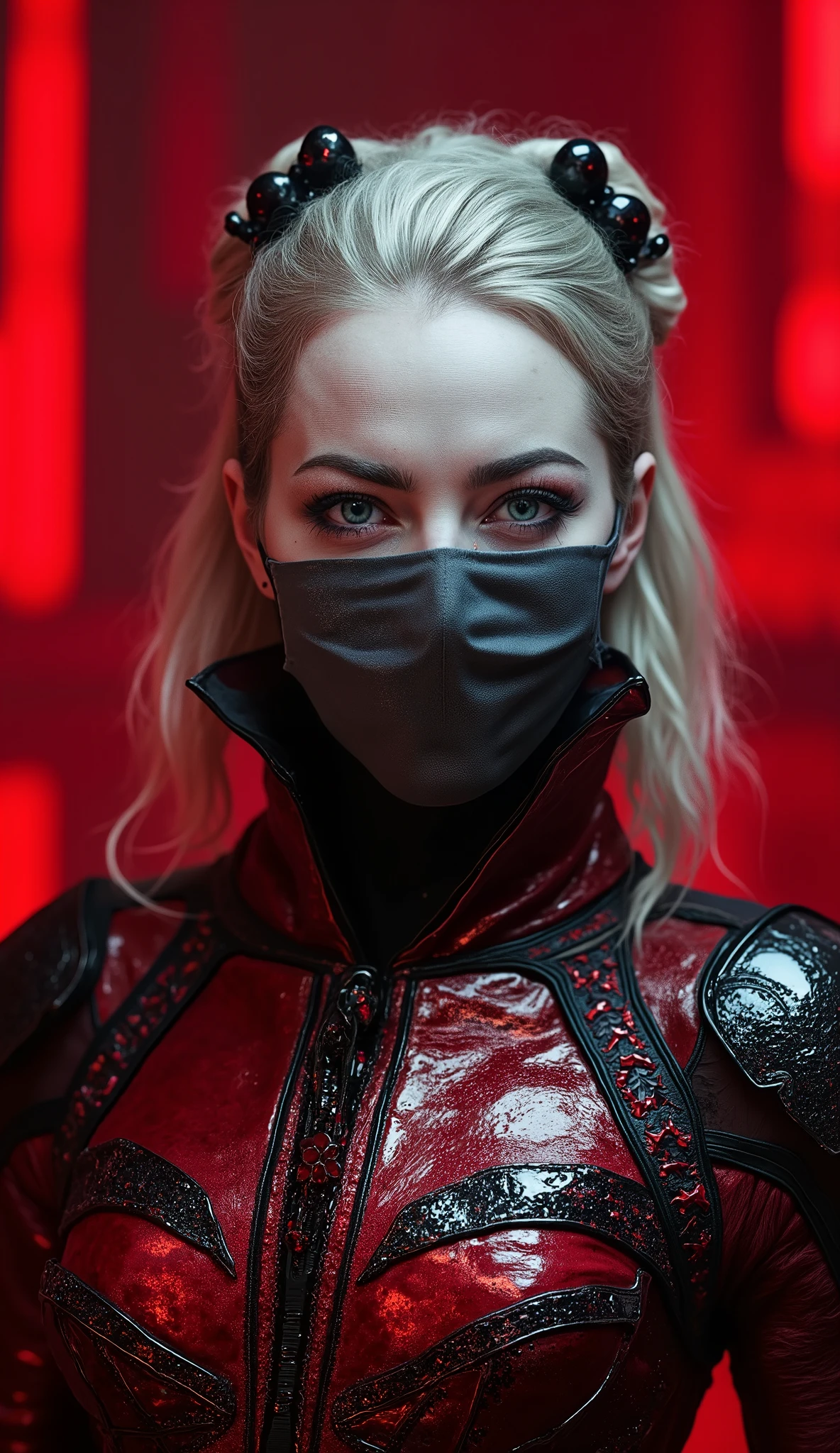 "Dark female assassin, wearing a red and black armored outfit with intricate patterns. Pale face with black eyes, blood tears, and a gray mask covering her mouth. Elegant hairstyle with black ornaments. Background with dim light and red mystical atmosphere. Gothic and sinister mood, ultra detailed, cinematic."