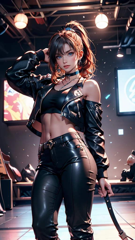 1girl,a beautiful fashion model ,(masterpiece, detailed background, best quality),short and shiny hair, red hair, hair with highlights, bangs, smirk,juicy lips,red lips, calmart, lingerie, stripping, elegant makeup, blue eyes, full body shot, (shiny skin), cyberpunk, sci fi, boa, extravagant jewelry, cocky expression, covered in jewelry, fancy, club outfit, shiny skin, wet skin. running hand through hair, leaning on wall, hair flip, sweat, dj, lights, beat spins you round, (((dance club))), black leather outfit