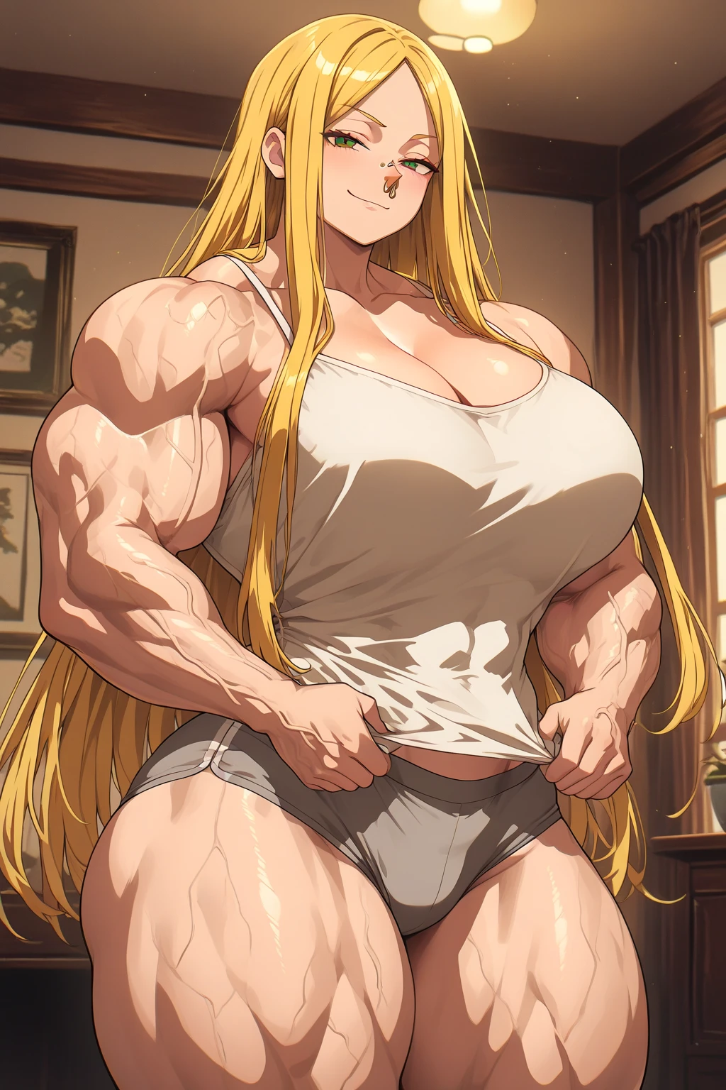 Very detailed、highest quality、Best image quality、masterpiece、8k、Anime Face、A kind smile、(Open your mouth:1.3)、Sparkling blue eyes、(Blonde semi-long hair:1.5)、(Muscles of the whole body:1.3)、(highleg:2.0)、Thigh belt、(Cowboy Shot:1.5)、(SFW Giant)、(Thick body:1.2)、(bra:1.5)、(sxspnts)、(Hands on hips:1.1)