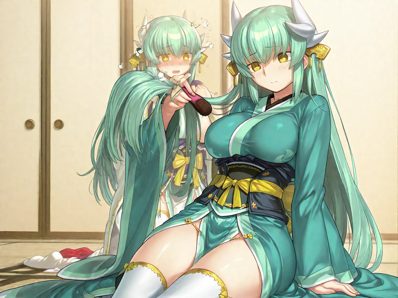 excessive cum, source_anime, duo, gynomorph/male, dominant gynomorph, futa on male, humanoid/human, human on anthro, interspecies, big dom small sub, height difference, penis size difference, age difference, missionary, vaginal penis, sitting, 2 penises, small penis, huge penis, futanari, orange skin dark green hair, very long hair,,oni, horn, Large Breasts , kimono, larger female, voluminous hair, girly femboy, otokonoko, white skin, smaller male, dress, flat chest , dark black long Hair, straight hair, futanari