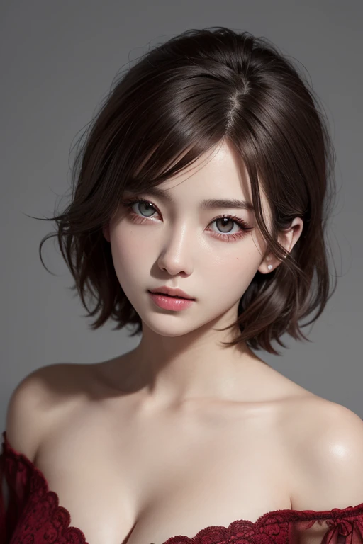 (best quality,8k,High resolution,masterpiece:1.2),Digital artwork, a girl,Detailed face,delicate eyes,dark purple hair,short curly hair,sparkly eye makeup,red eyes,Pink lips,Suspenders,Twenty generations