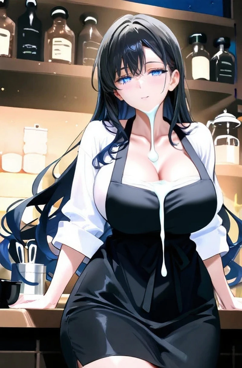 (high quality, 8k, 4K, high contrast, artwork:1.2, high quality, best aesthetics), ((1 woman)), erotic, sensual, mature body, super detailed, beautiful face detailed, beautiful eyes detailed, detailed beautiful mouth, sexy body, perfect breats, perfect wide thighs, (long, wavy dark purple hair), (dark purple eyes), (black lipstick), (serious facial expression), (naked with a long white kitchen apron), (standing), (centered) , (looking at the viewer), (kitchen)