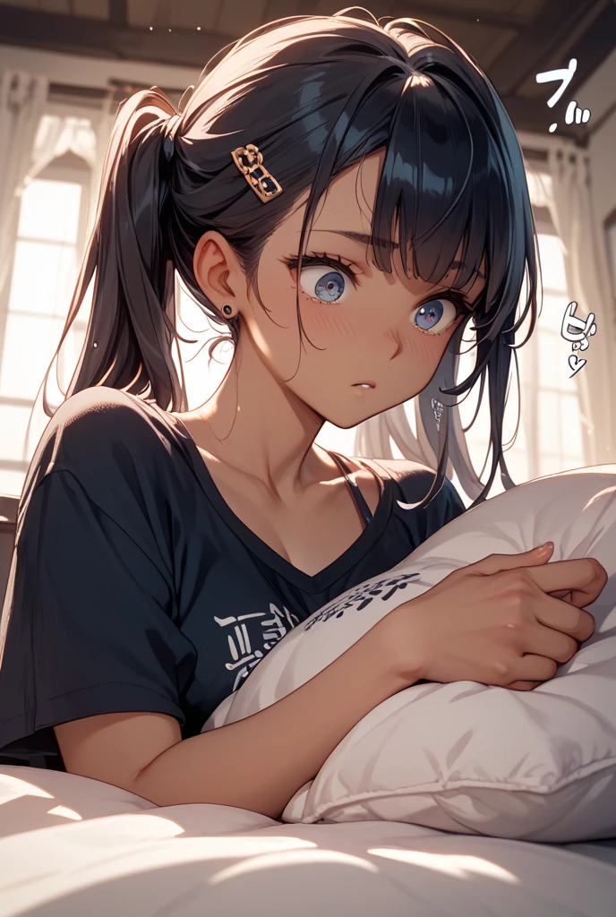 she's too cute for words- anime bed cover and pillow set, 1girl, , , shirt, black hair, white shirt, blue eyes, skirt, solo, twintails, long hair, pillow, white , bow, parted lips, blush, blue skirt, short sleeves, lying, red bow, looking at viewer, barefoot, , ribbon, on back